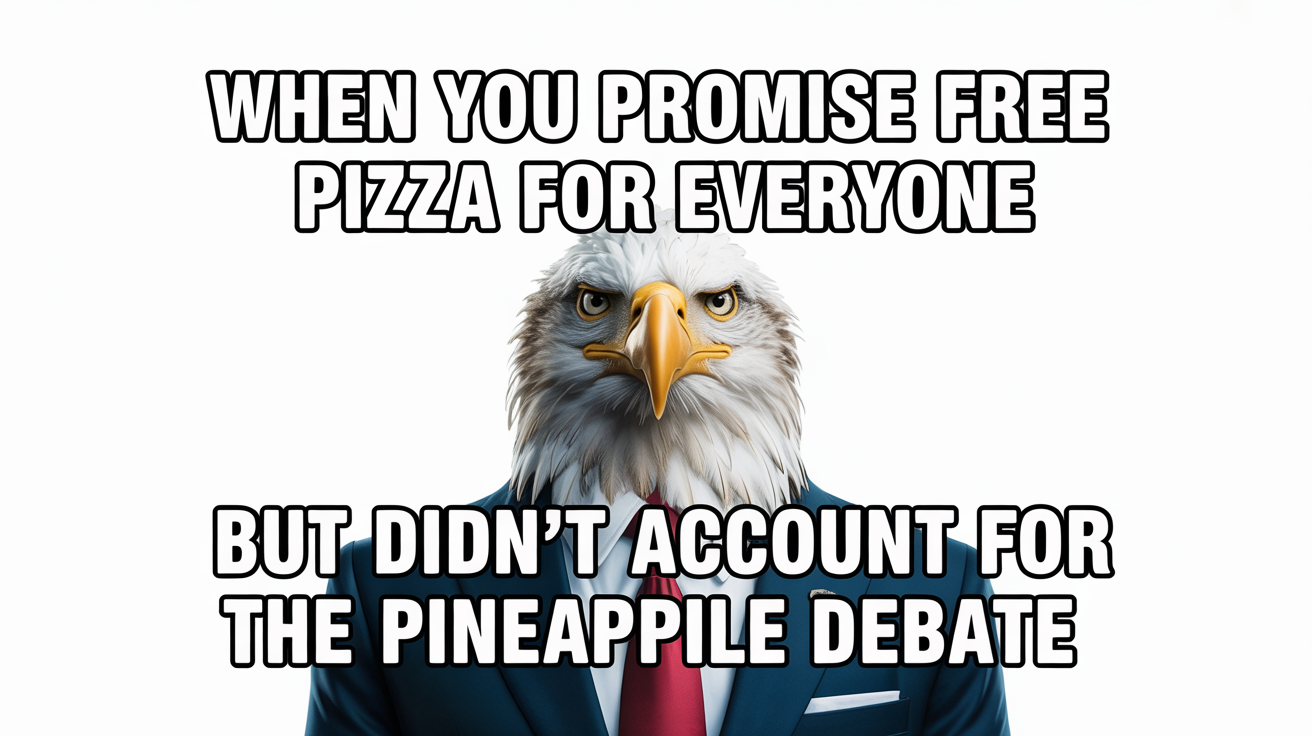 A political meme mockup showing an eagle in a suit looking stressed. The text reads: 'When you promise free pizza for everyone but didn't account for the pineapple debate.'