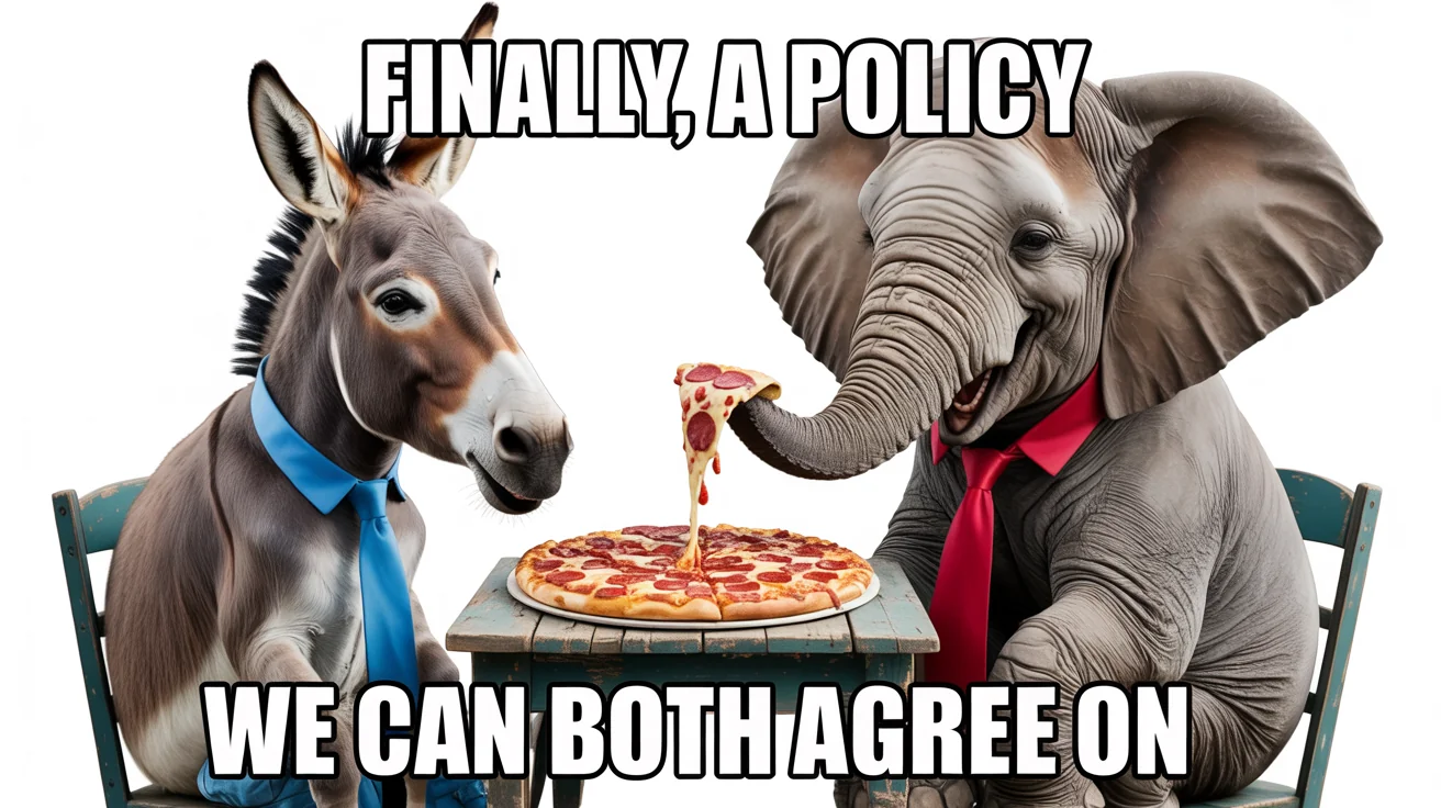 A political meme showing a donkey and an elephant, representing political parties, happily sharing a pizza. The text reads, 'Finally, a policy we can both agree on.'