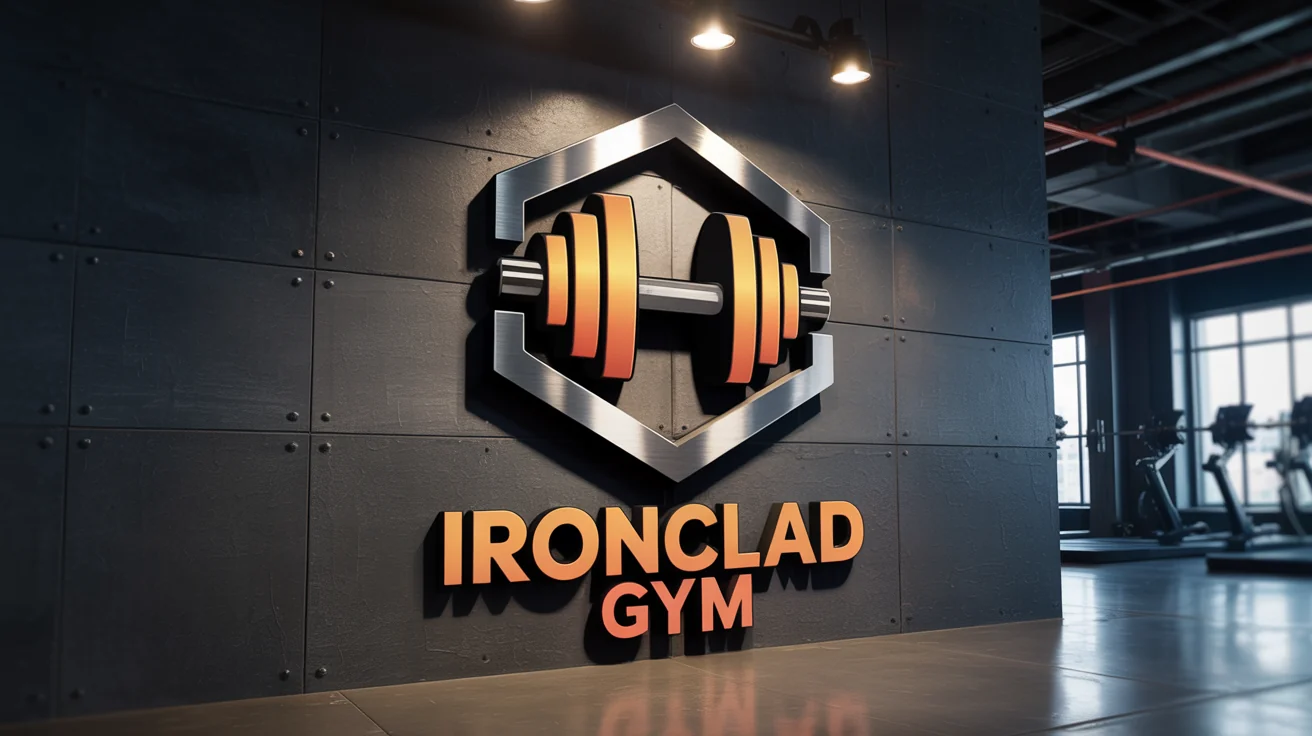 A professional logo for 'IRONCLAD GYM' mocked up on a dark concrete wall. The logo features a steel-colored hexagonal icon with a dumbbell and orange accents, conveying strength and modernity.