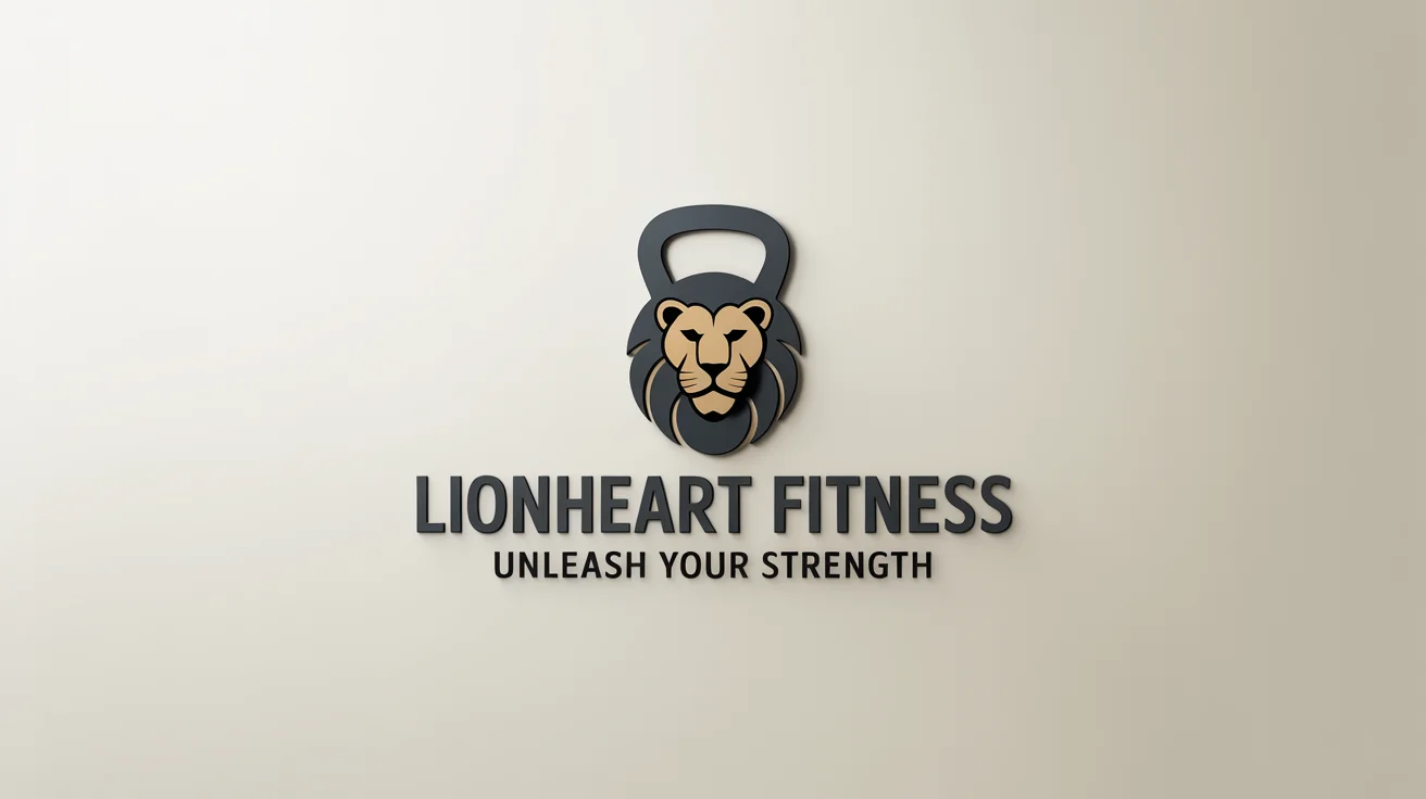 A modern, professional gym logo mockup for 'LIONHEART FITNESS', featuring a gold and charcoal icon of a lion's head combined with a kettlebell, on a clean white background.