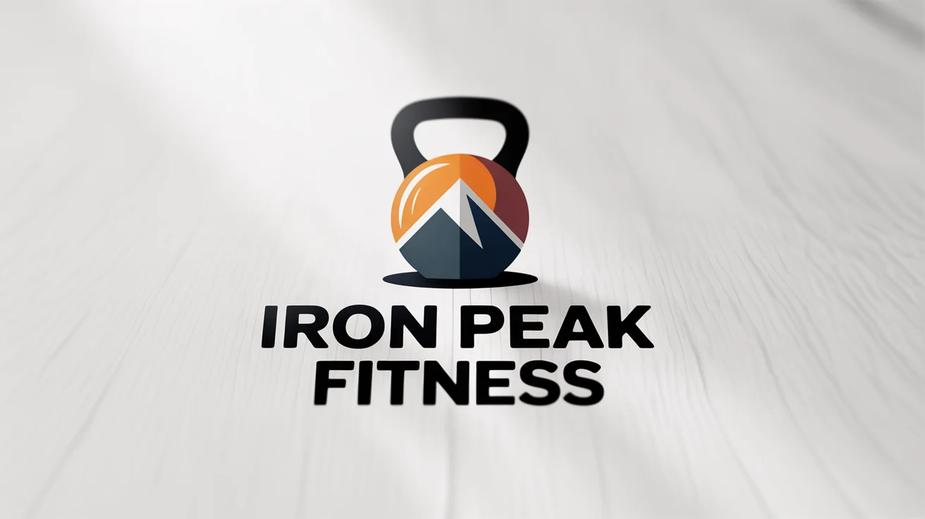 A modern logo for 'IRON PEAK FITNESS' featuring a geometric mountain and kettlebell icon in charcoal gray, navy blue, and orange, shown as a mockup on a white background.