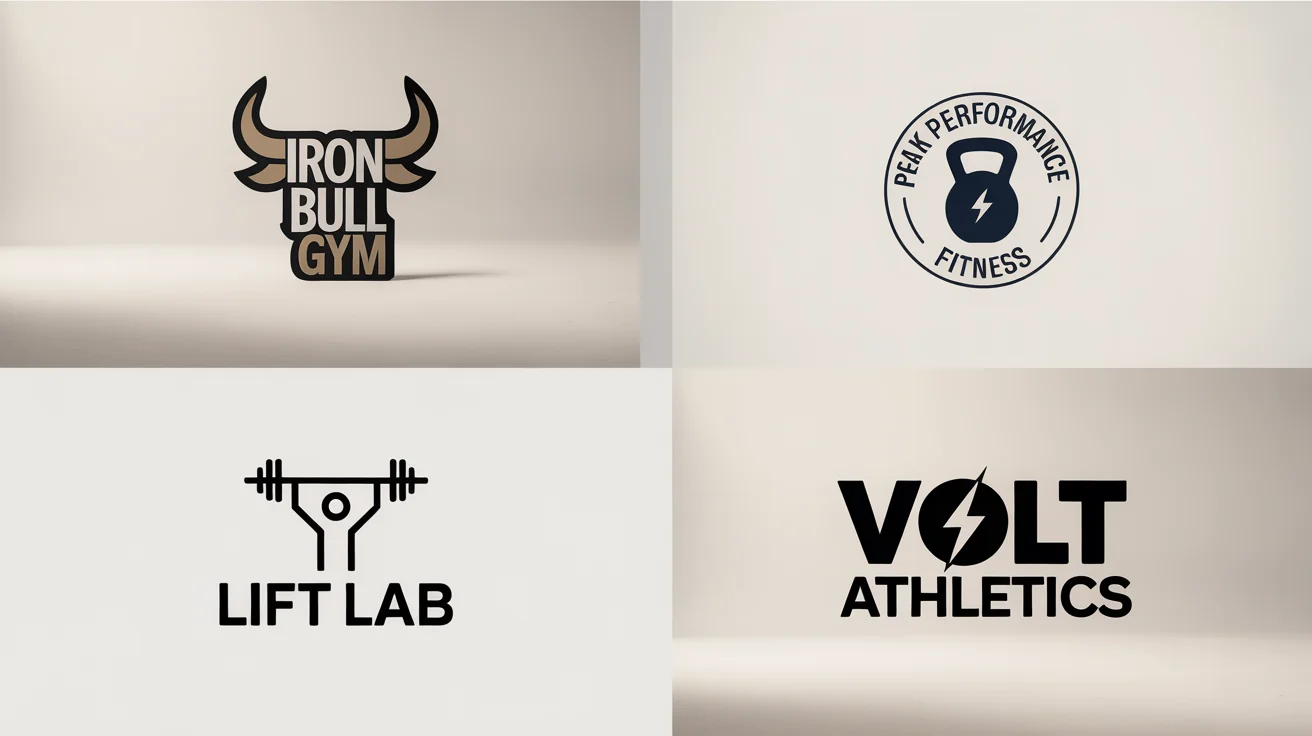 A professional mockup showcasing four distinct and modern gym logos on a clean white background, demonstrating variety in design style from bold and iconic to minimalist and typographic.