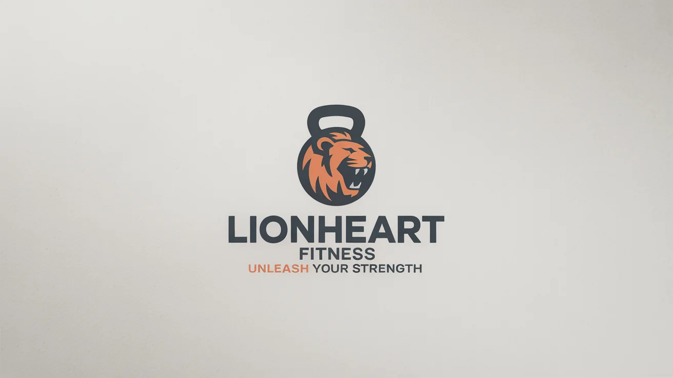 A modern gym logo for 'Lionheart Fitness' featuring a stylized orange and gray icon of a lion's head combined with a kettlebell. The tagline reads 'Unleash Your Strength'.