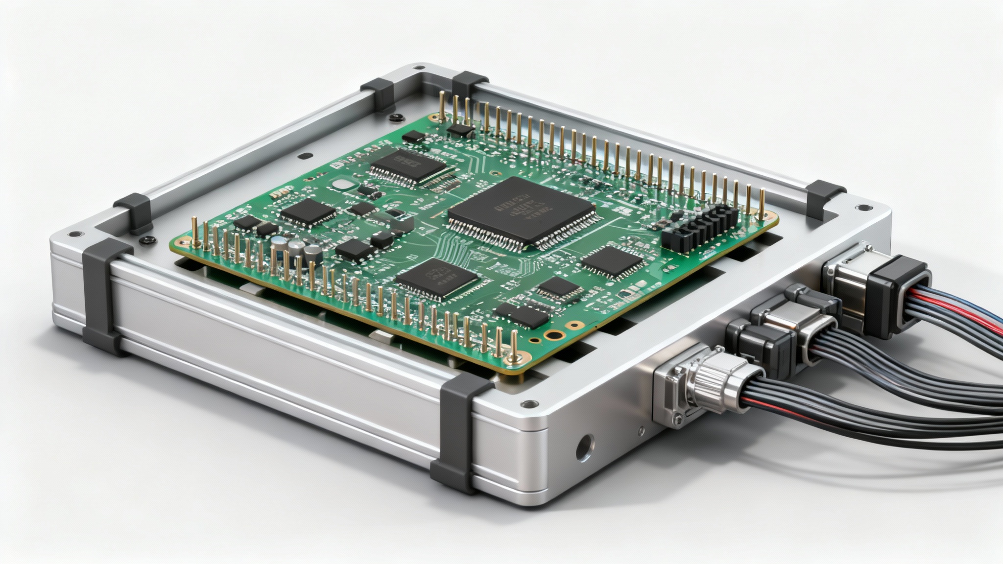 A professional 3D rendering of a finished electronic test fixture, shown from an isometric angle on a clean white background. The design features a metal frame holding a circuit board with connectors and cables neatly arranged.