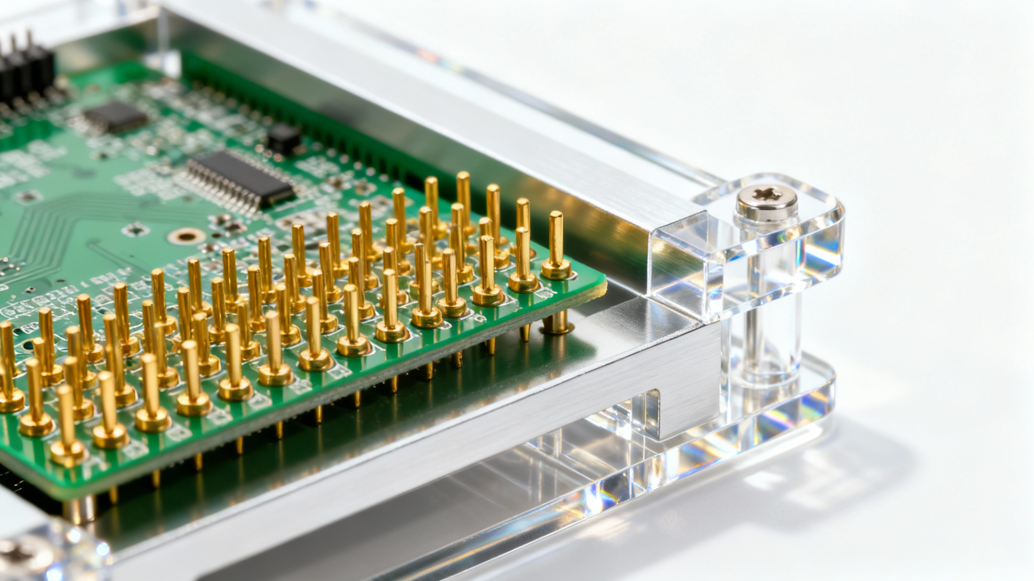 A detailed product photo of a high-tech electronic test fixture made of metal and acrylic, holding a circuit board for testing against a clean white background.