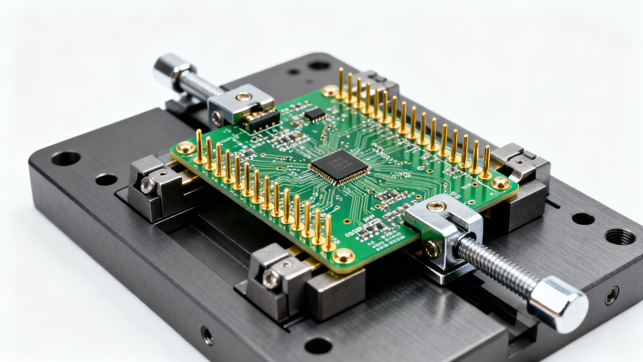 A detailed photorealistic image of a high-tech test fixture made of dark metal, holding a green circuit board on a white background, showcasing precision engineering and electronics testing.