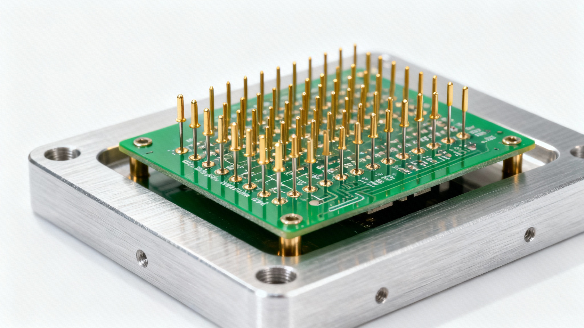 A detailed macro photograph of a precision-engineered aluminum test fixture holding a green circuit board, with gold probes testing its components on a clean white background.