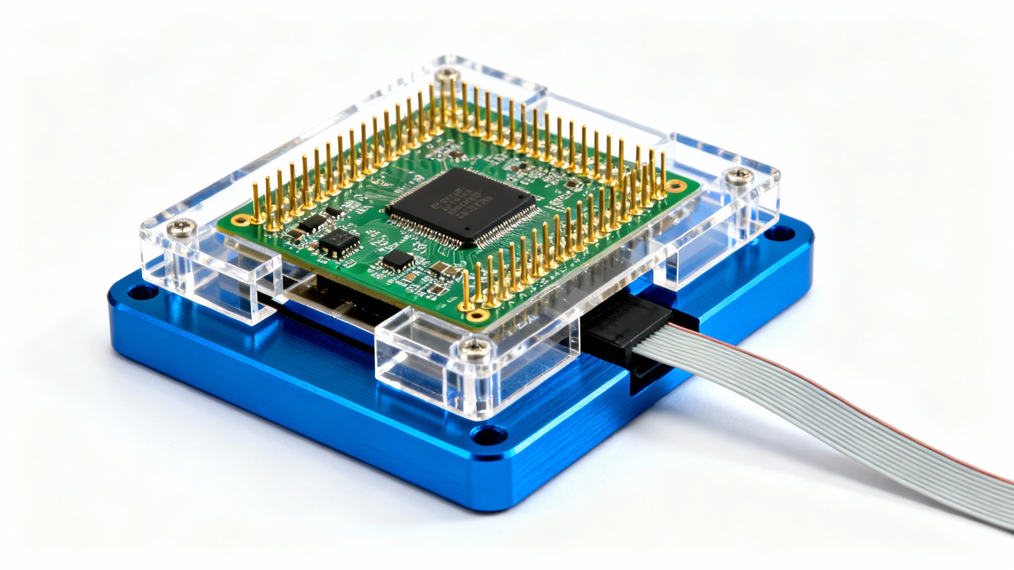 A detailed closeup of a high-tech test fixture, made of blue aluminum, holding a green circuit board for quality assurance testing.