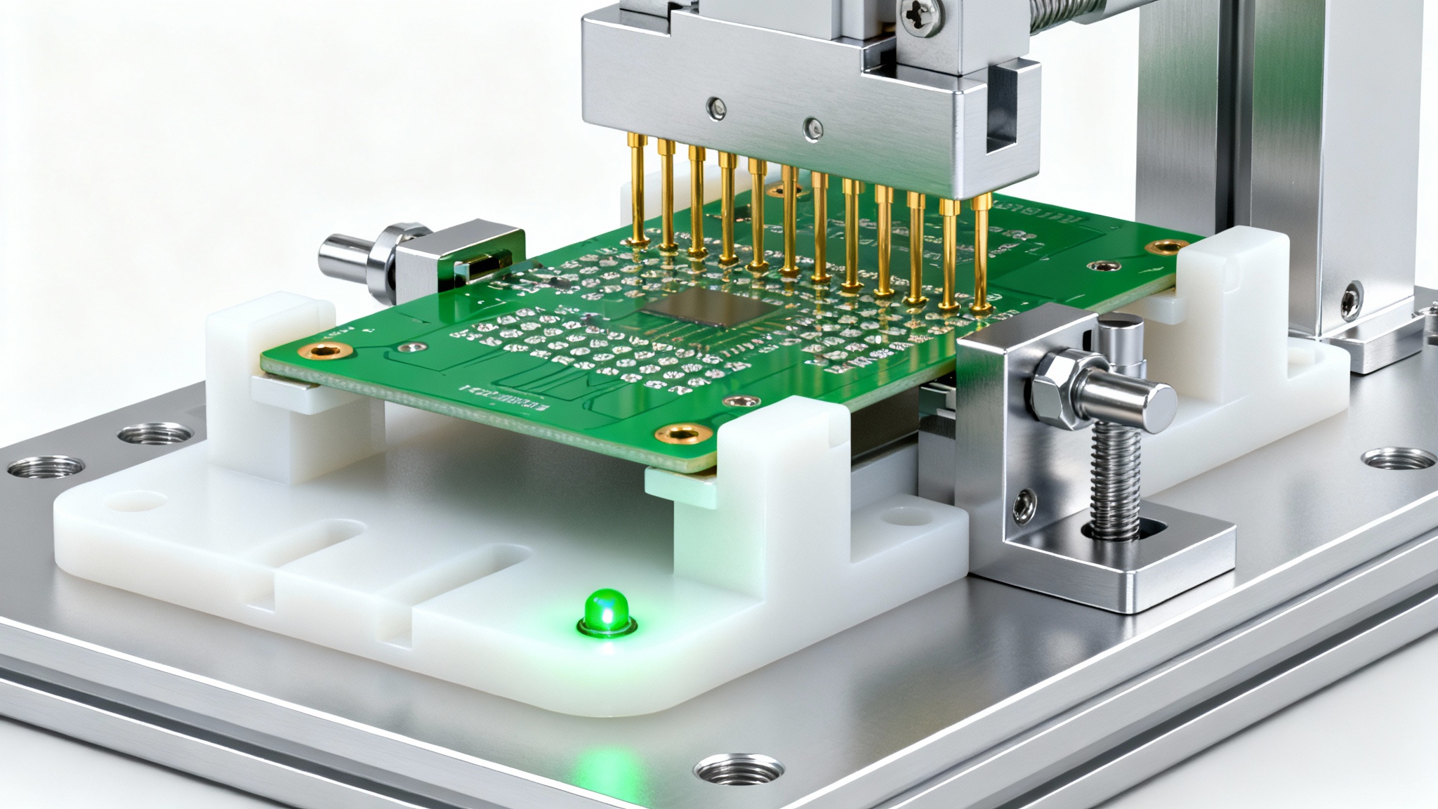 A detailed product photo of a custom test fixture for electronics, showing a circuit board being held in place for quality testing on a clean white background.