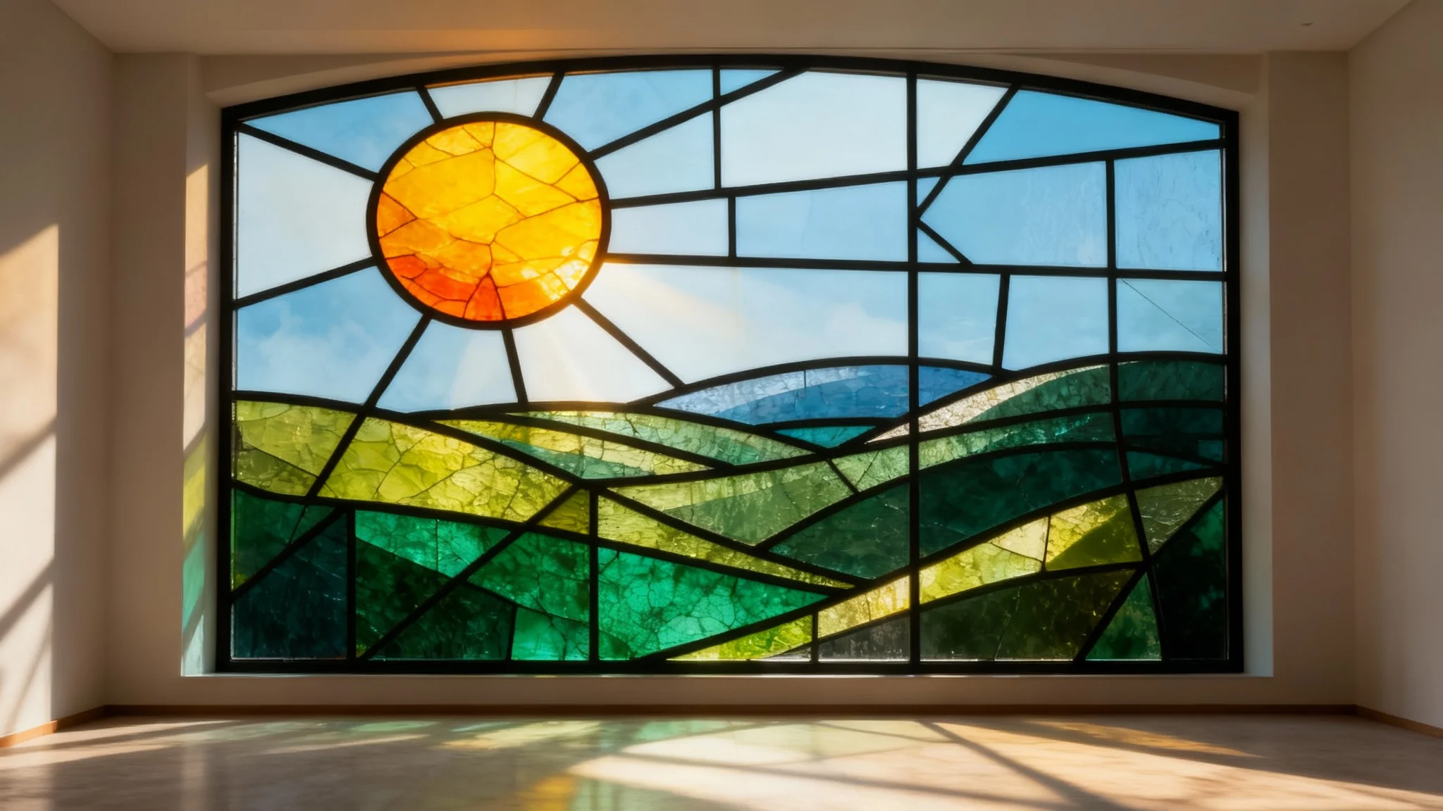 A photorealistic image of a large stained glass window depicting a serene landscape of rolling hills and a sun, with beautiful light filtering through the colorful glass panels.