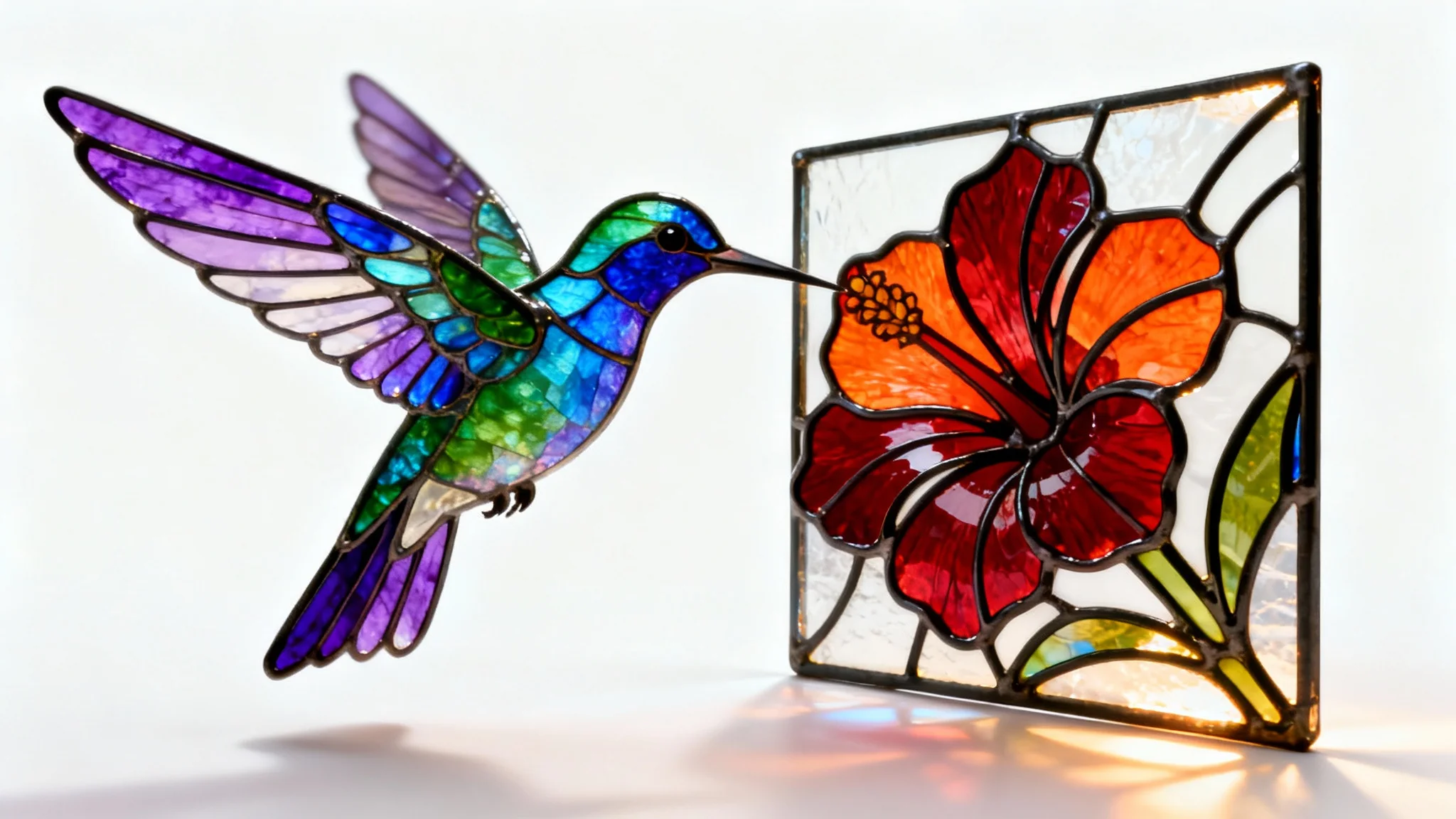 A close-up of a vibrant, art nouveau-style stained glass panel showing a green and blue hummingbird drinking from a red hibiscus flower, isolated against a plain white background.