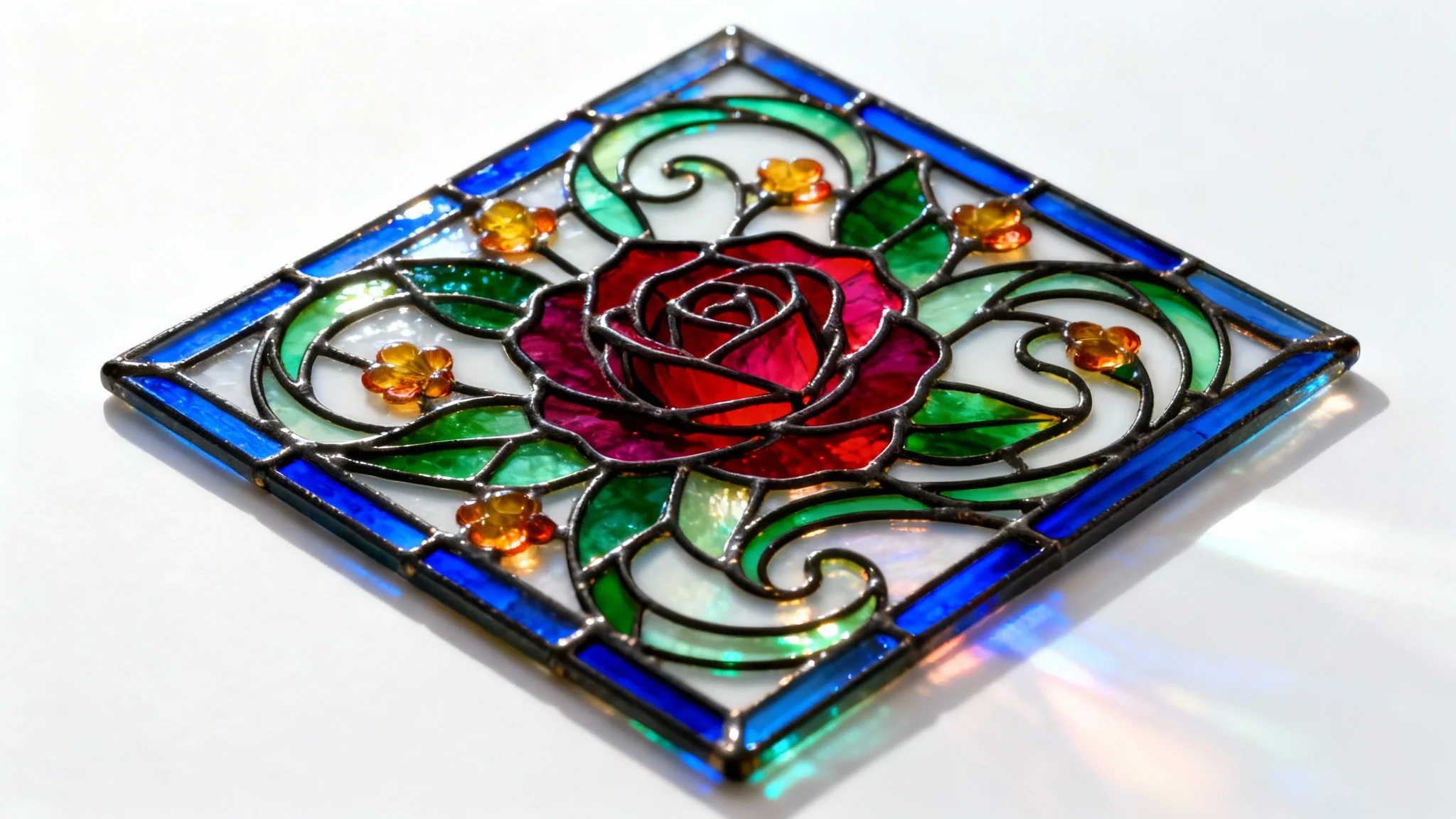 A vibrant, intricately designed stained glass panel with a floral Art Nouveau pattern, glowing with light against a clean white background.