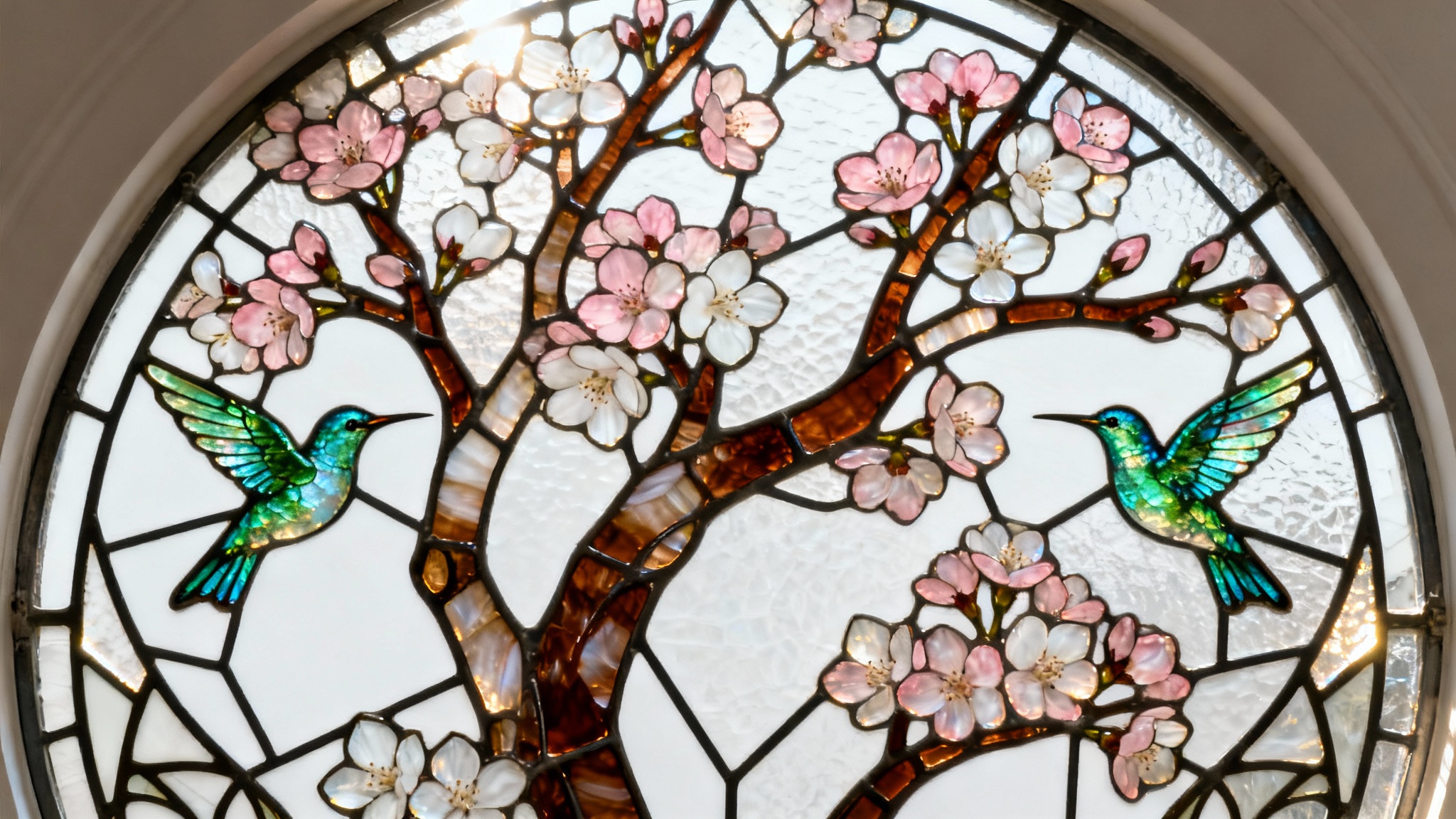 A detailed mockup of a circular stained glass panel showing a cherry blossom tree and hummingbirds, glowing with color against a plain white background.