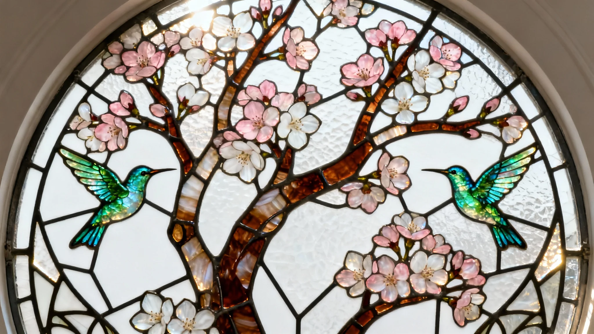 A detailed mockup of a circular stained glass panel showing a cherry blossom tree and hummingbirds, glowing with color against a plain white background.
