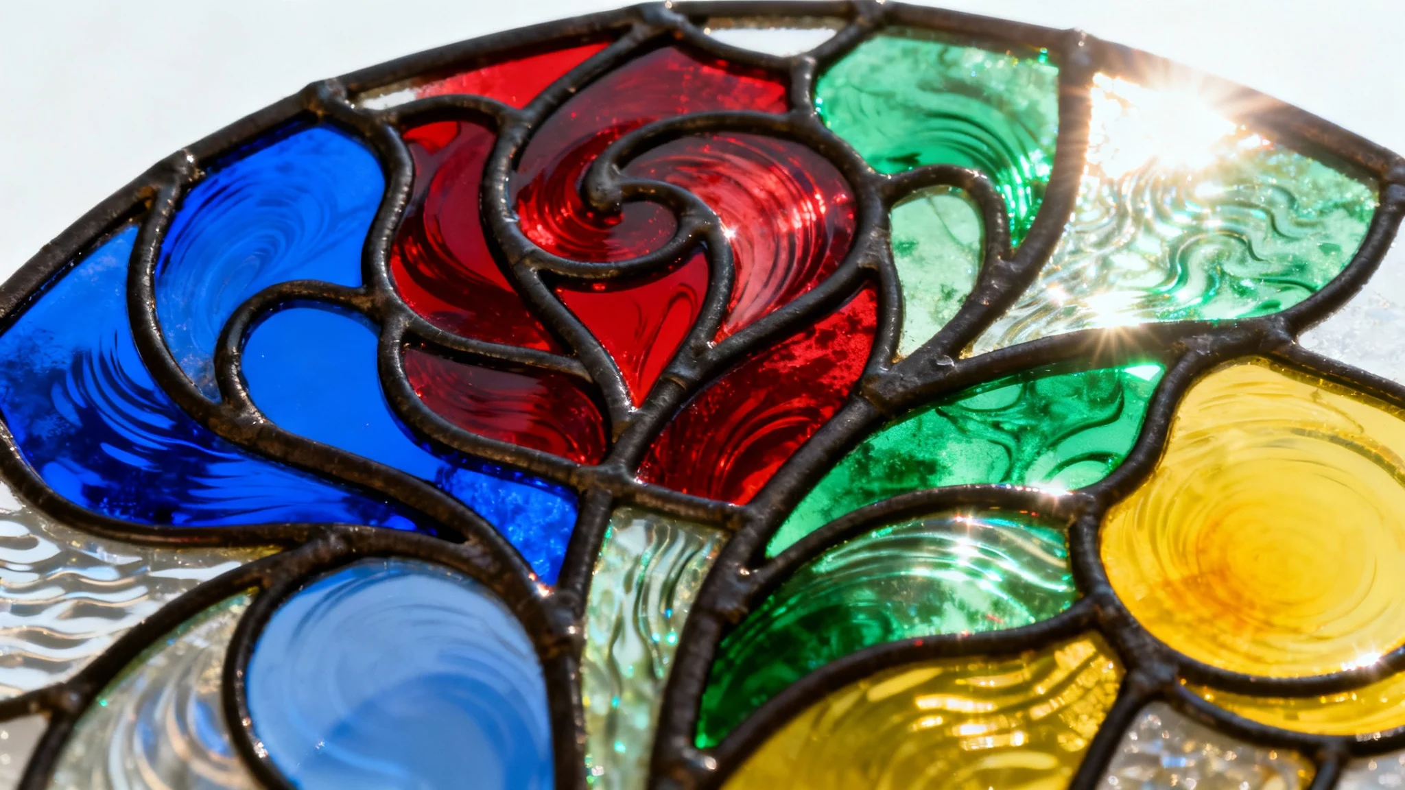 A close-up shot of a vibrant and intricate stained glass panel with a floral design, illuminated from behind by bright light against a plain white background.