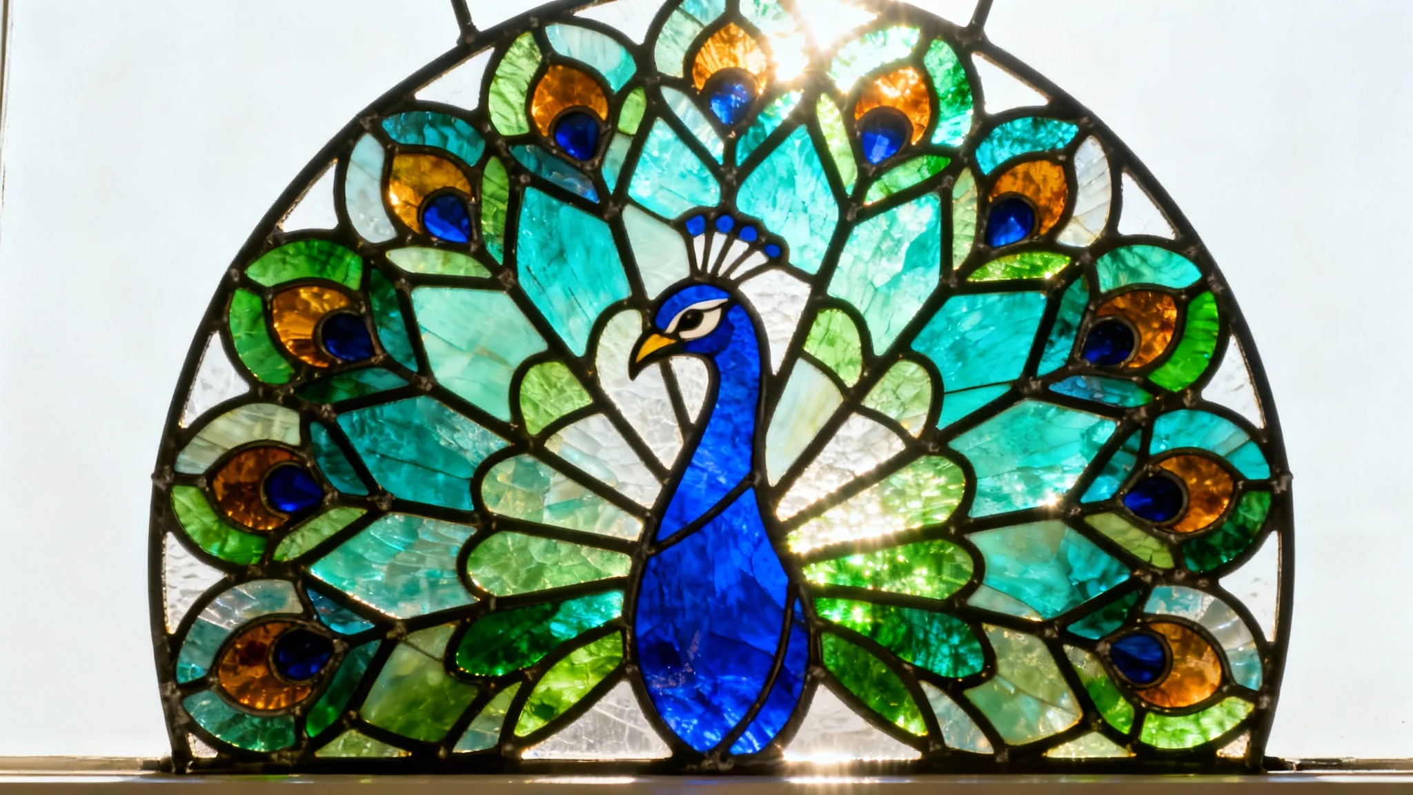 A beautifully crafted stained glass panel in an art nouveau style, depicting a peacock with jewel-toned feathers, photographed against a white background.