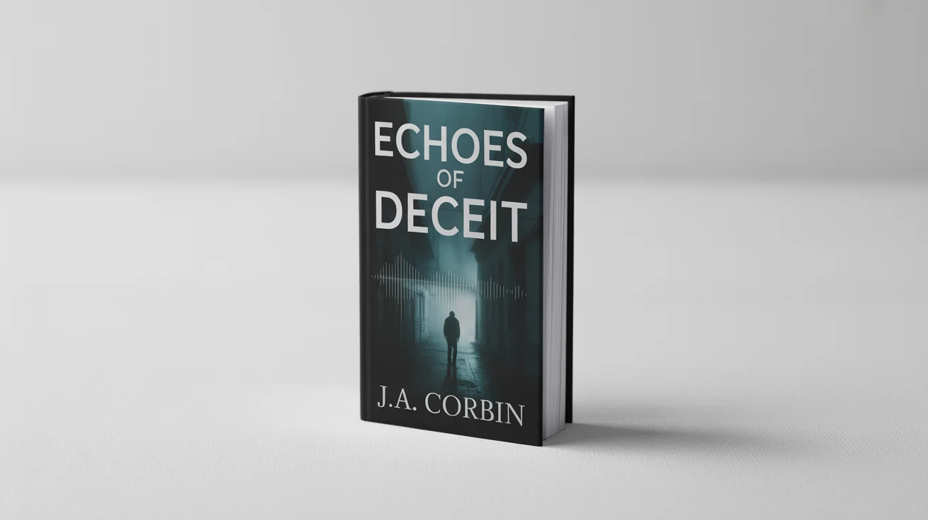 A realistic mockup of a hardcover thriller novel titled 'Echoes of Deceit' by author 'J.A. Corbin', standing upright on a clean white background.