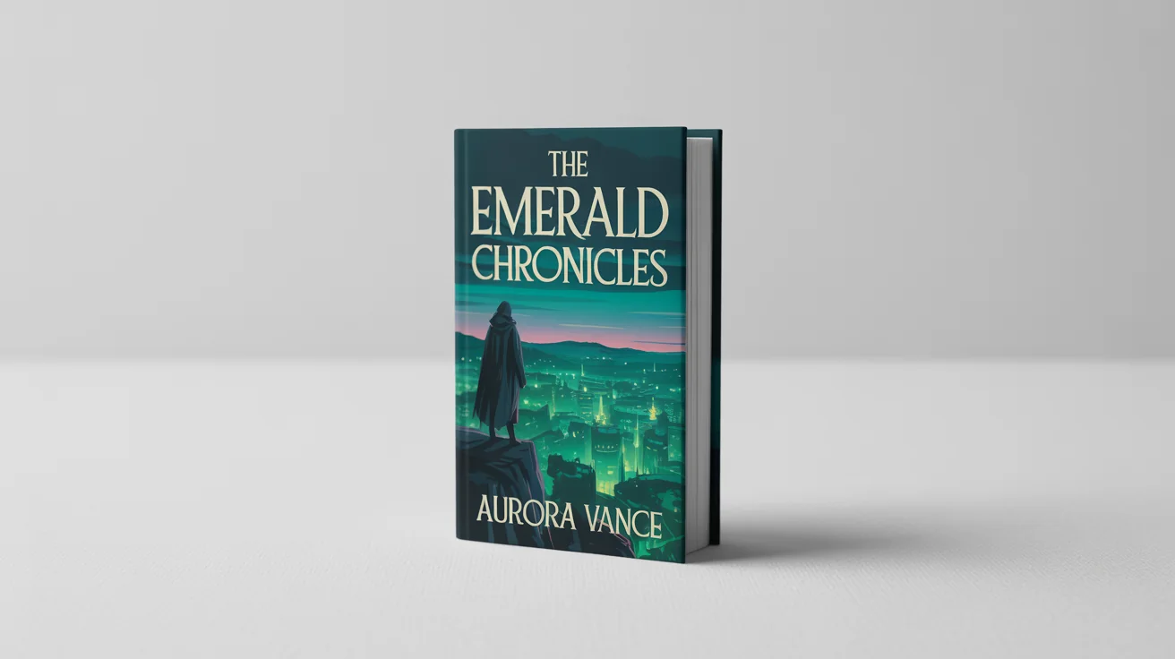 A professional, photorealistic mockup of a hardcover fantasy novel titled 'The Emerald Chronicles' by 'Aurora Vance', standing on a clean white background.