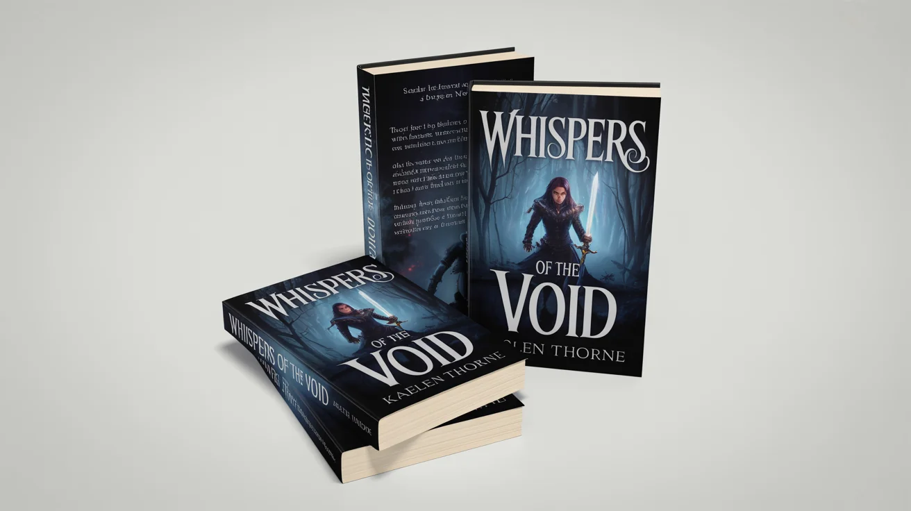 A realistic mockup of a fantasy book titled 'Whispers of the Void' by Kaelen Thorne, shown in three different positions—standing, lying flat, and from the side—against a clean white background for marketing purposes.