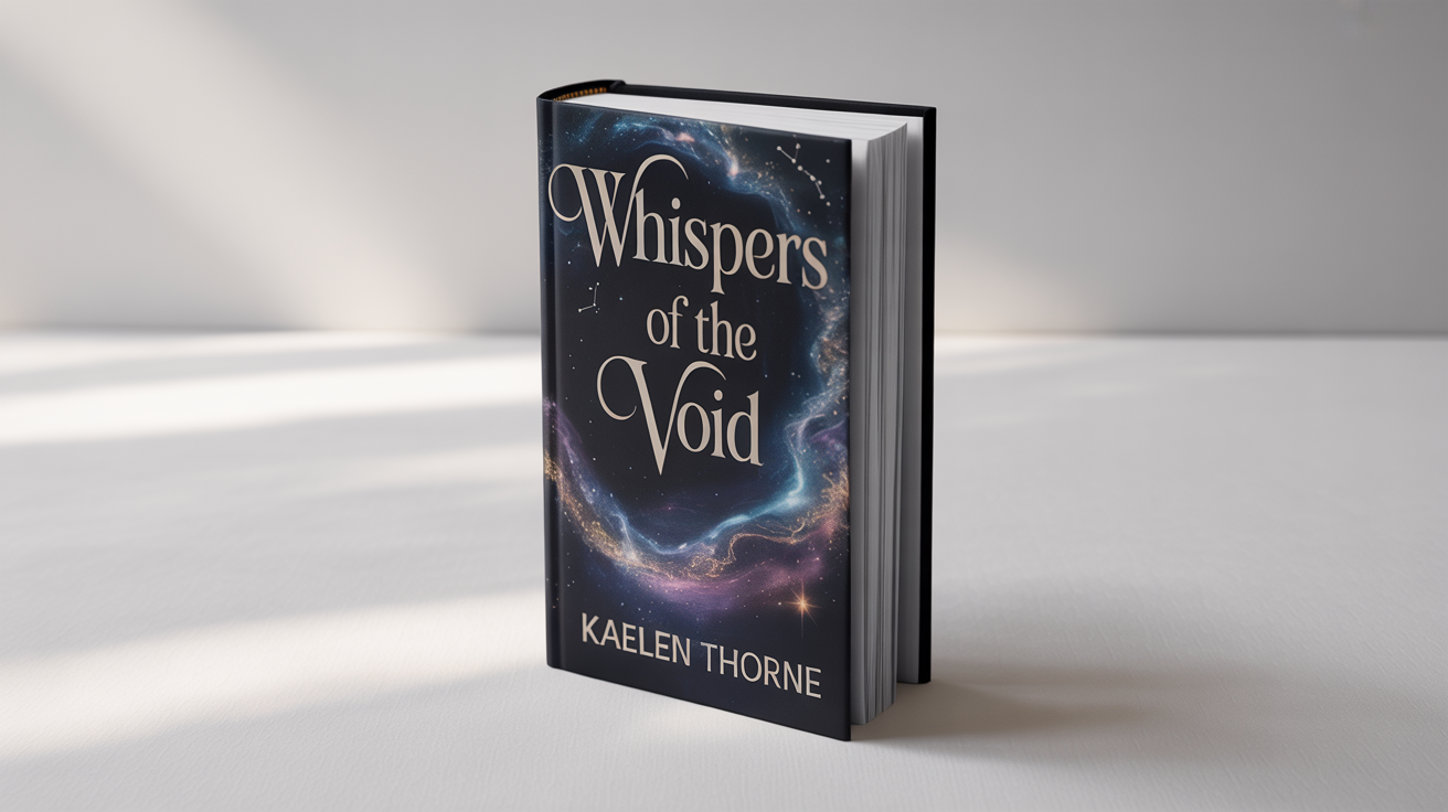 A photorealistic mockup of a hardcover fantasy novel titled 'Whispers of the Void' by Kaelen Thorne, standing on a clean white surface with a white background, in a professional product shot style.