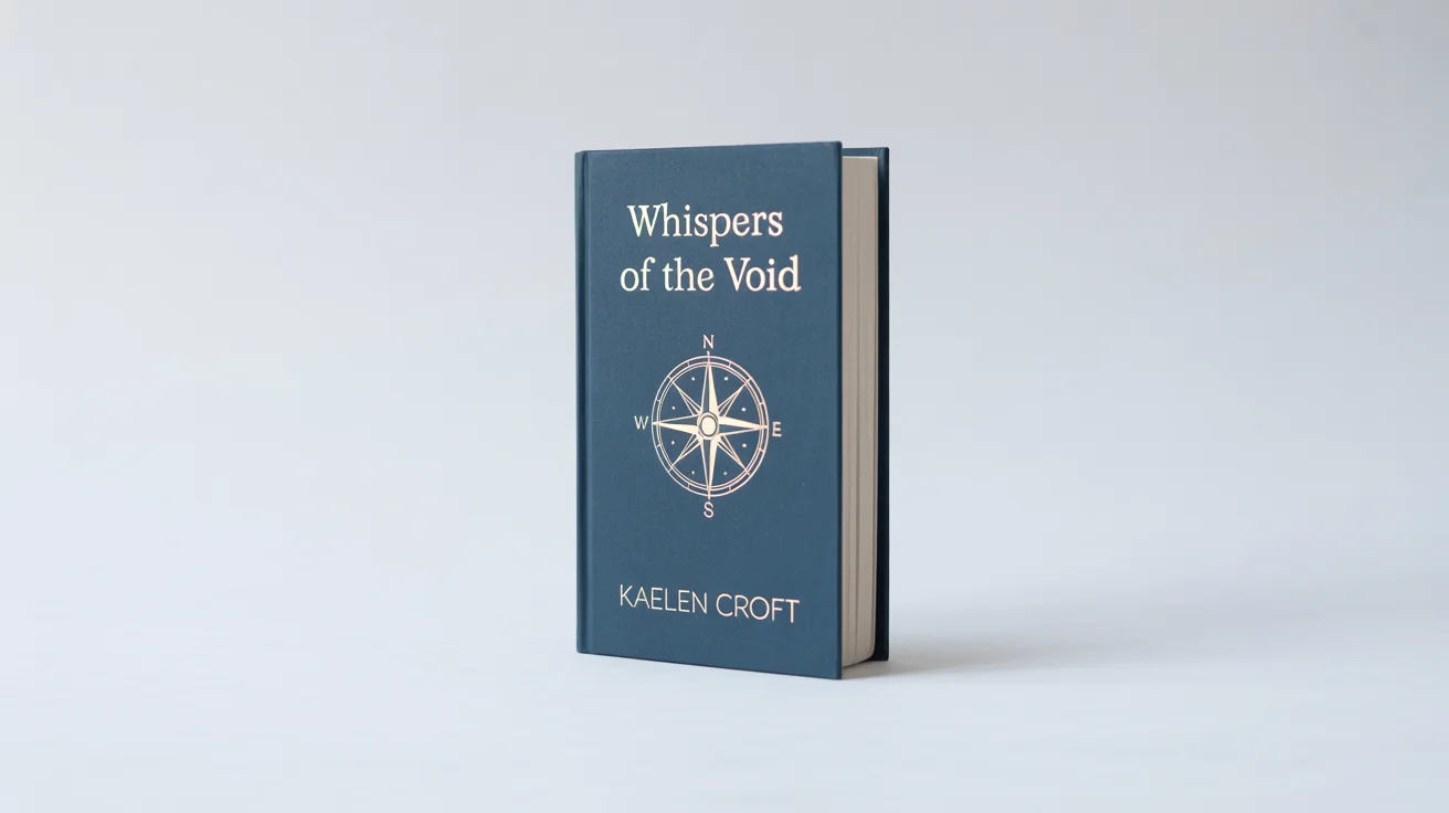 A photorealistic mockup of a hardcover book titled 'Whispers of the Void' by author Kaelen Croft, standing at an angle on a clean white background.