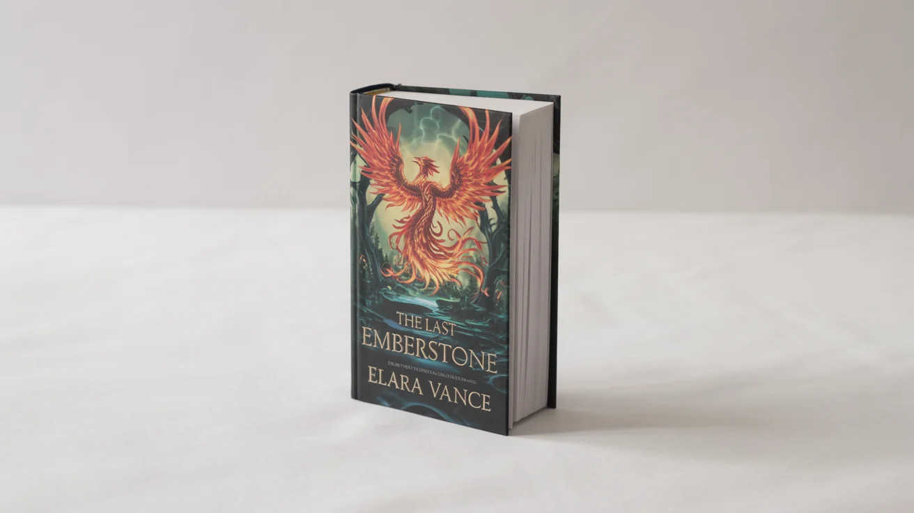 A professional mockup of a fantasy novel titled 'The Last Emberstone' by Elara Vance, standing upright on a clean white background.