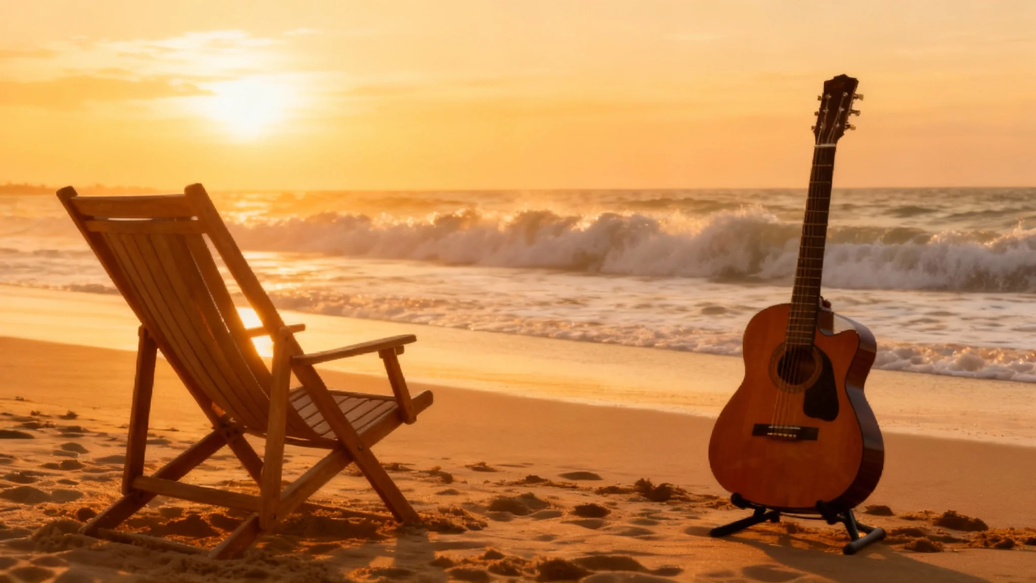 A perfectly edited photograph of a beach scene at sunset. A wooden chair, a small table, and a guitar are arranged on the sand, showcasing a seamless move where the background is flawlessly filled in.