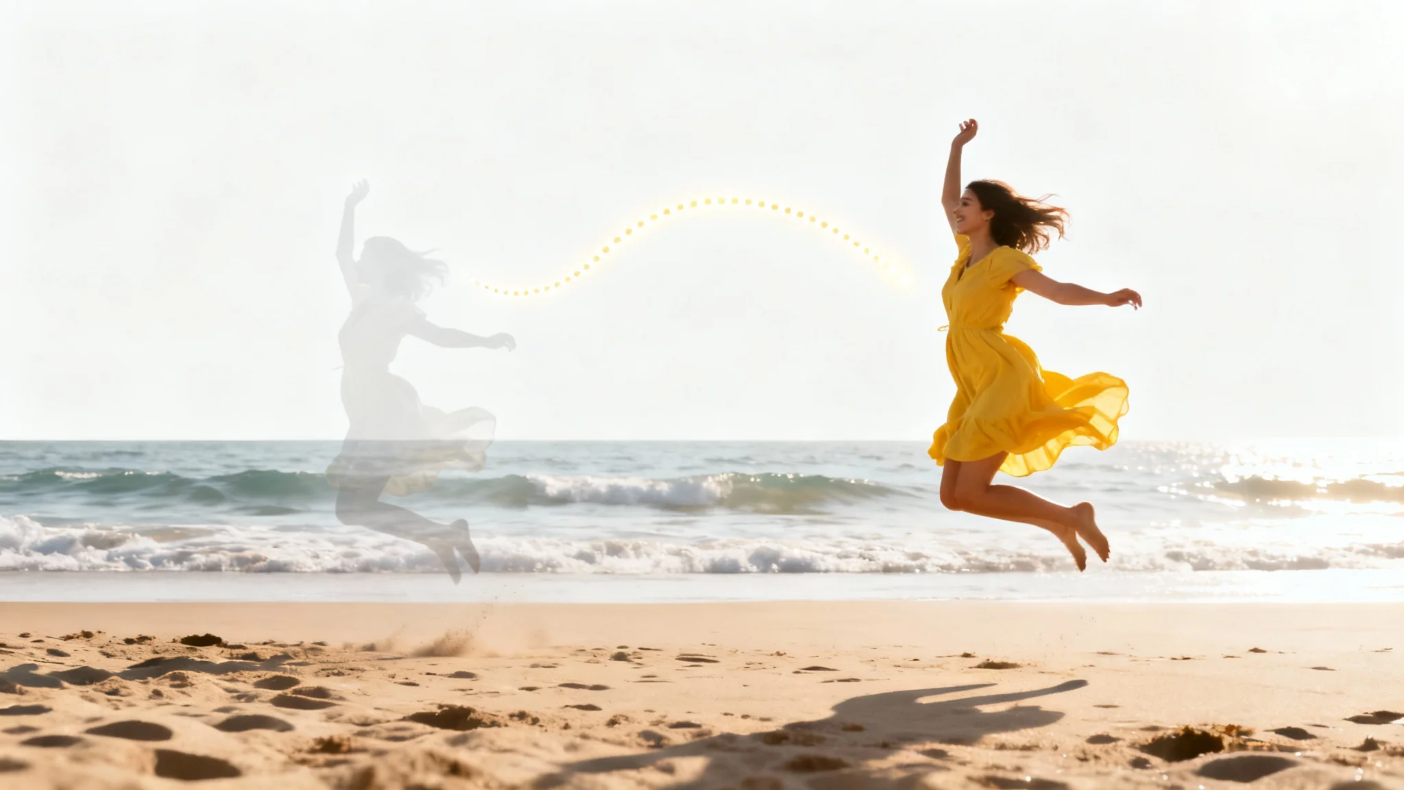 A conceptual image illustrating the content-aware move feature, showing a woman in a yellow dress being moved from one spot to another on a beach, with the original background perfectly restored.