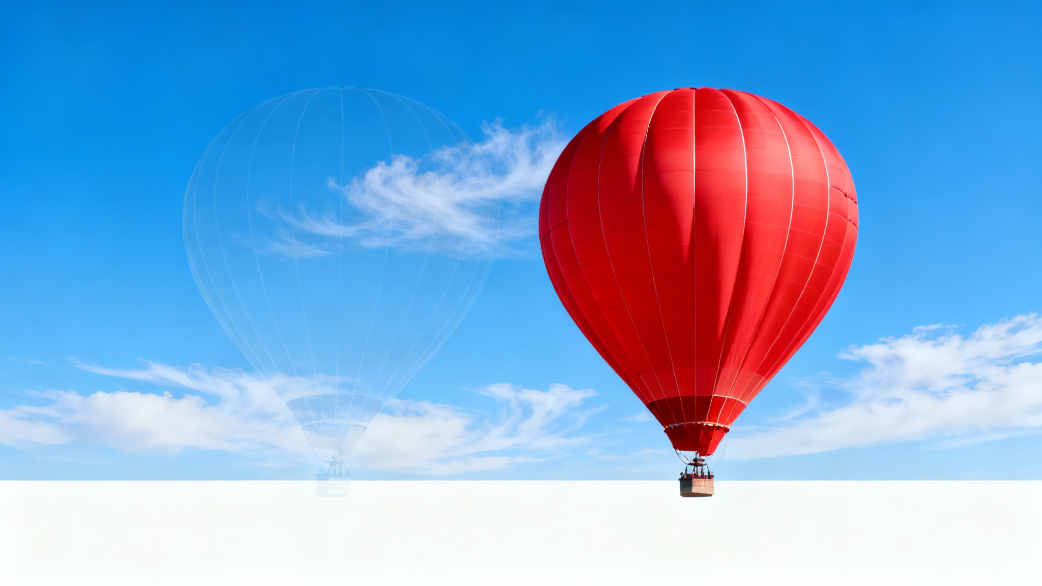 A visual representation of the content-aware move tool, featuring a red hot air balloon moved across a blue sky, with its original spot seamlessly filled in.