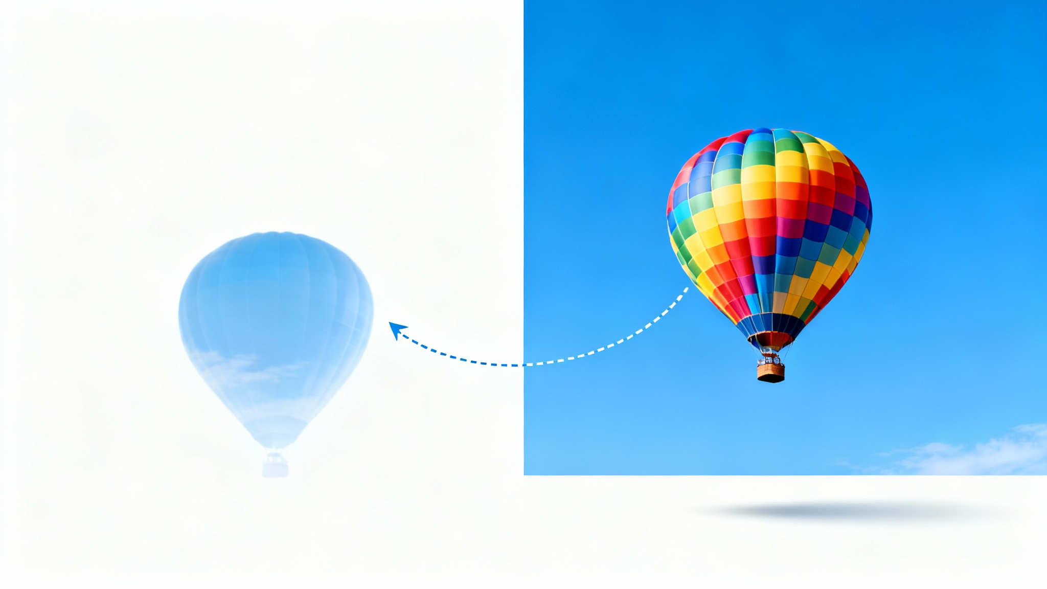 An image demonstrating the content-aware move feature, showing a hot air balloon moved from one side of a photo to the other, with a faint outline and an arrow indicating the movement against a clear blue sky.
