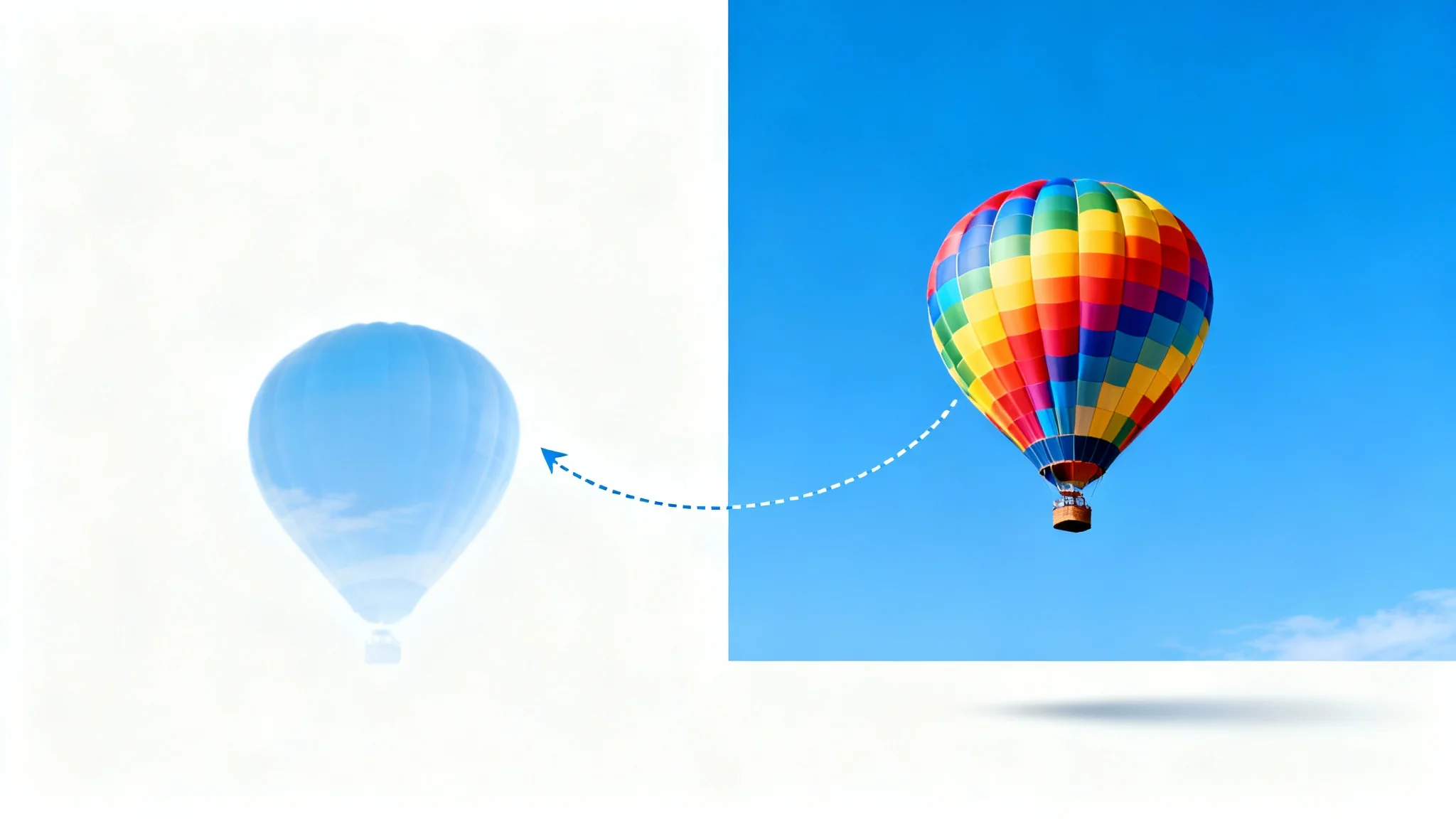 An image demonstrating the content-aware move feature, showing a hot air balloon moved from one side of a photo to the other, with a faint outline and an arrow indicating the movement against a clear blue sky.