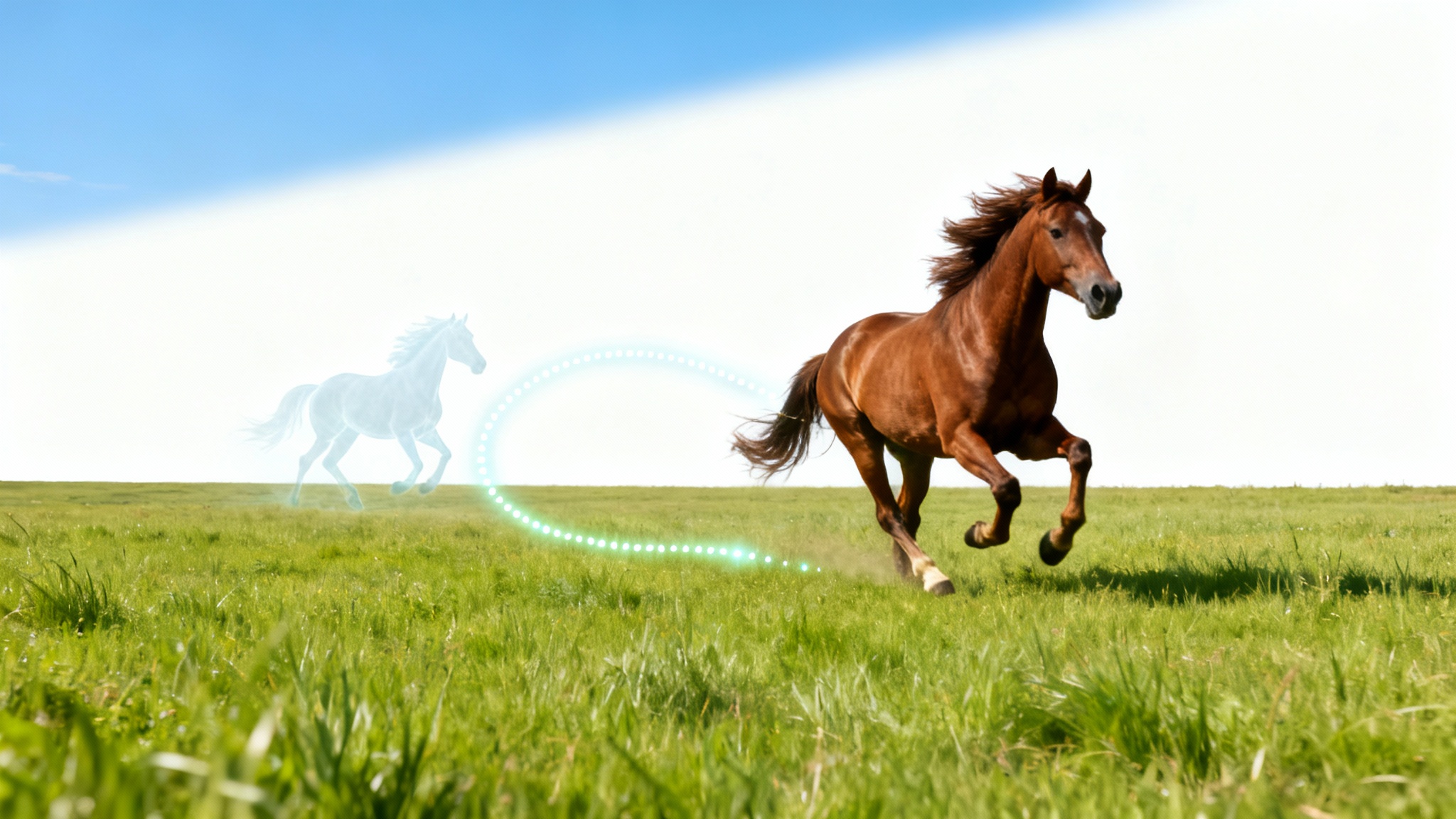 A photorealistic image demonstrating the content-aware move tool. A brown horse has been moved from the left to the right of a green meadow, with its original spot perfectly filled in with grass.