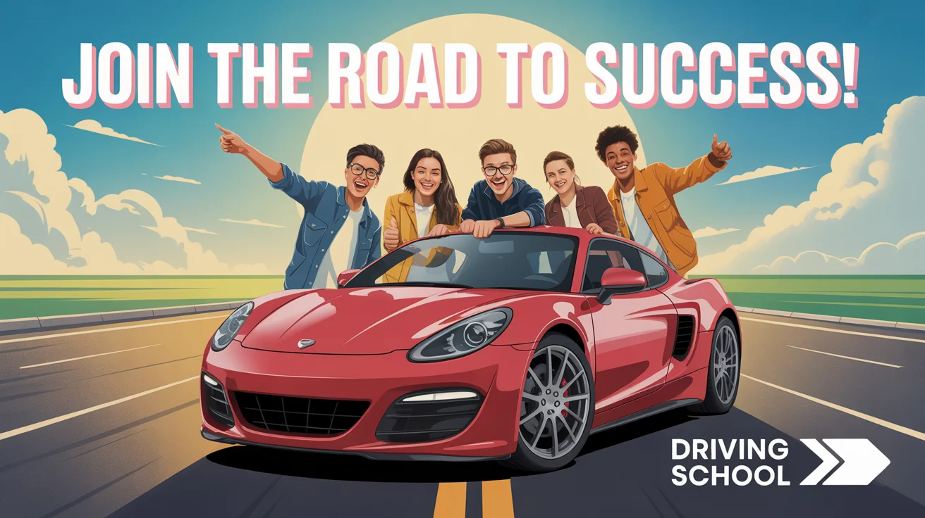 A professionally designed driving school poster showing a modern car, a diverse group of happy students, and the headline 'Join the Road to Success!'.