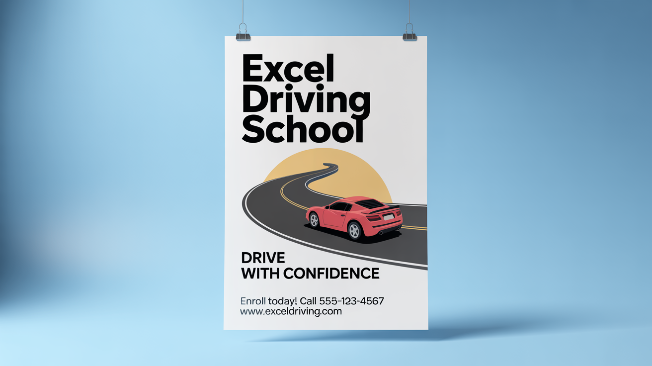 A modern poster mockup for 'Excel Driving School', featuring a stylized road and a red car, with the slogan 'Drive with Confidence' and contact information.