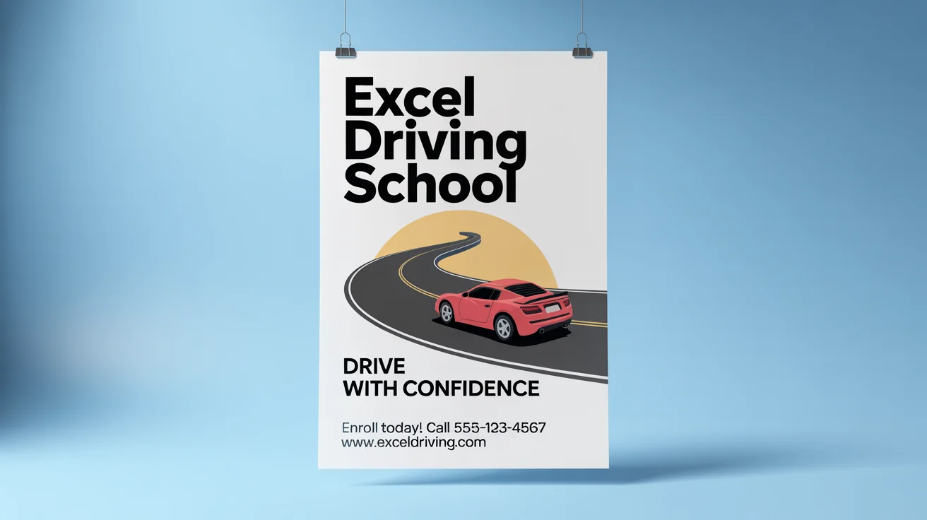 A modern poster mockup for 'Excel Driving School', featuring a stylized road and a red car, with the slogan 'Drive with Confidence' and contact information.