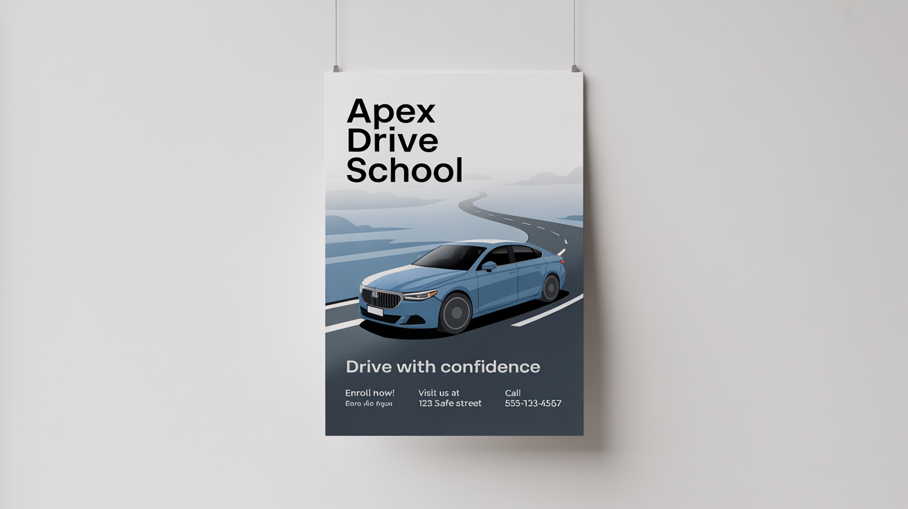 A mockup of a professional driving school poster for 'Apex Drive School'. The poster features a blue car on a winding road and includes the tagline 'Drive with Confidence' and contact details.
