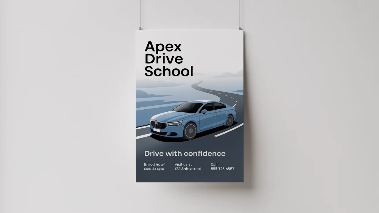 A mockup of a professional driving school poster for 'Apex Drive School'. The poster features a blue car on a winding road and includes the tagline 'Drive with Confidence' and contact details.