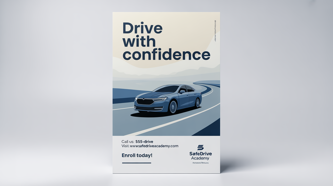 A professional poster for a driving school with the headline 'Drive with Confidence' and a graphic of a car on a winding road, set against a white background.