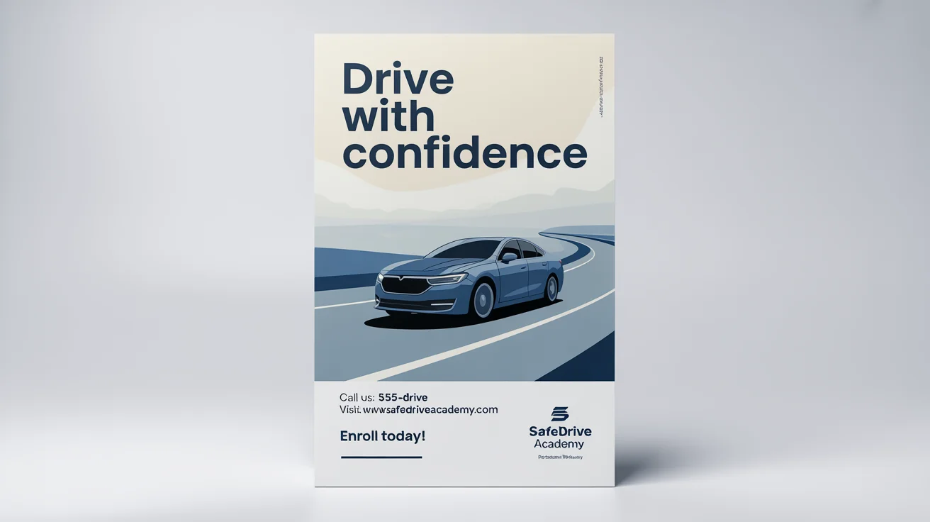 A professional poster for a driving school with the headline 'Drive with Confidence' and a graphic of a car on a winding road, set against a white background.