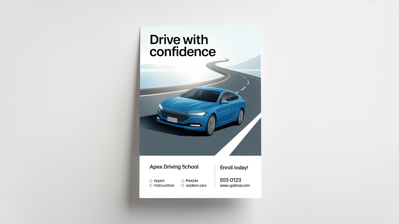 A modern poster for a driving school named 'Apex Driving School'. The poster has a headline 'Drive with Confidence' and features an illustration of a blue car on a winding road, with contact information at the bottom.