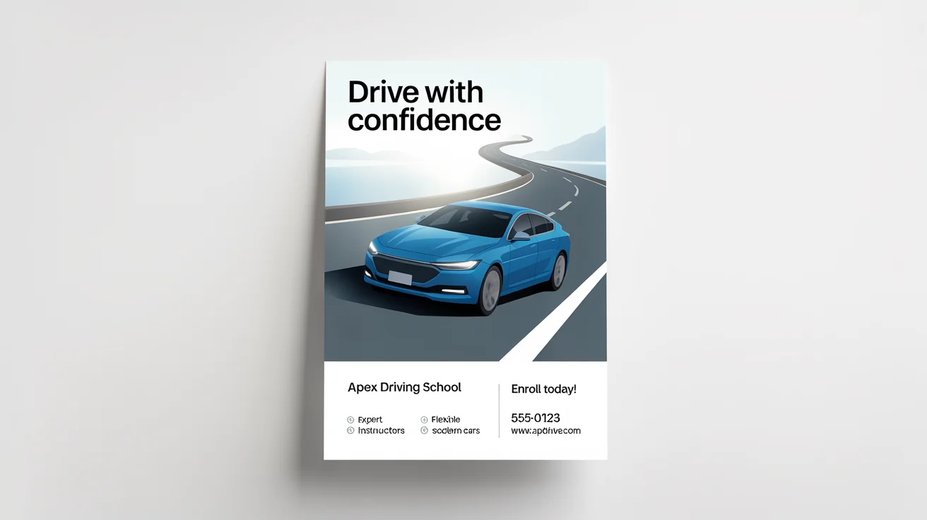 A modern poster for a driving school named 'Apex Driving School'. The poster has a headline 'Drive with Confidence' and features an illustration of a blue car on a winding road, with contact information at the bottom.