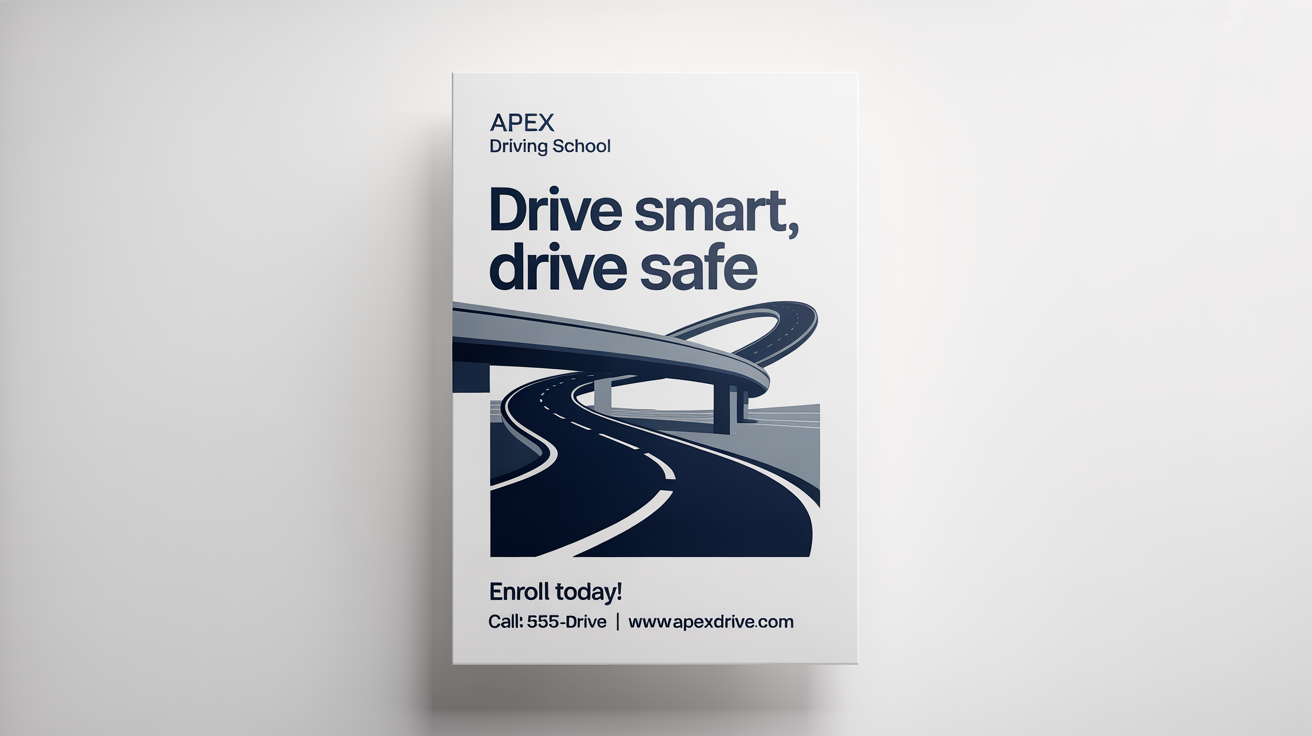A professional poster for 'Apex Driving School' featuring the slogan 'Drive Smart, Drive Safe' and a stylized graphic of a road, designed in a modern blue and white color scheme.