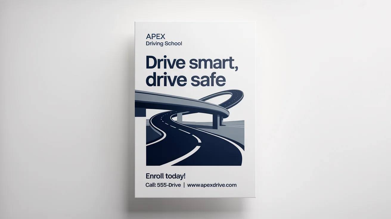 A professional poster for 'Apex Driving School' featuring the slogan 'Drive Smart, Drive Safe' and a stylized graphic of a road, designed in a modern blue and white color scheme.
