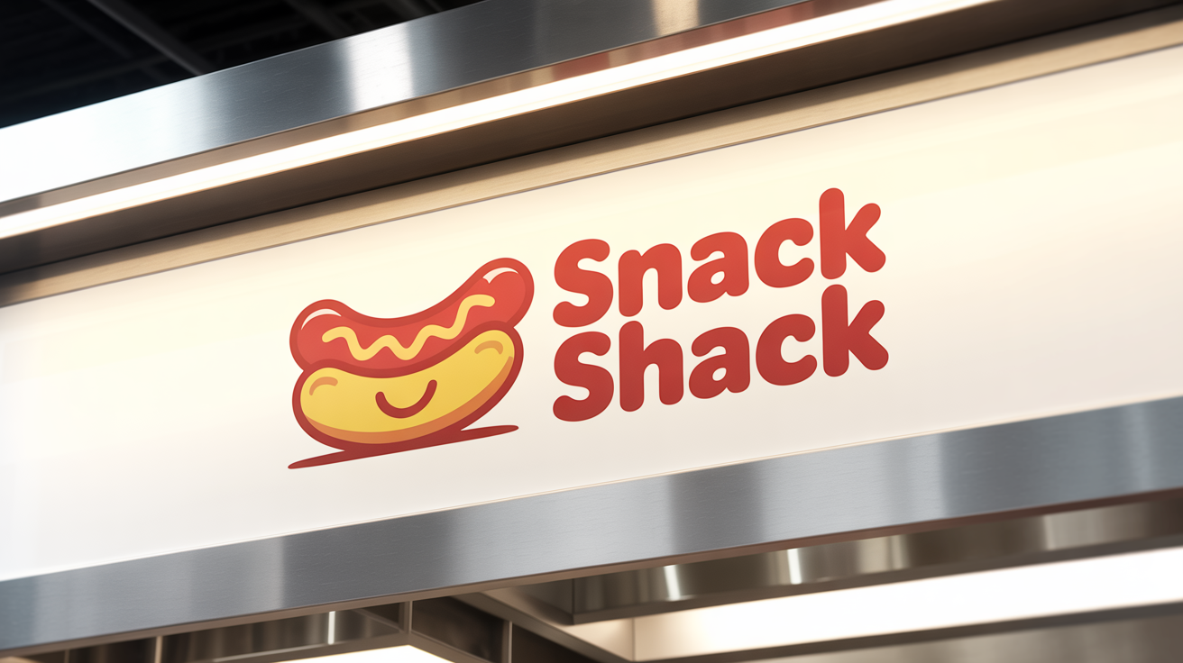 A professionally designed logo for 'Snack Shack' featuring a modern, stylized hot dog mascot, shown on a sleek sign at a concession stand, representing a final design.