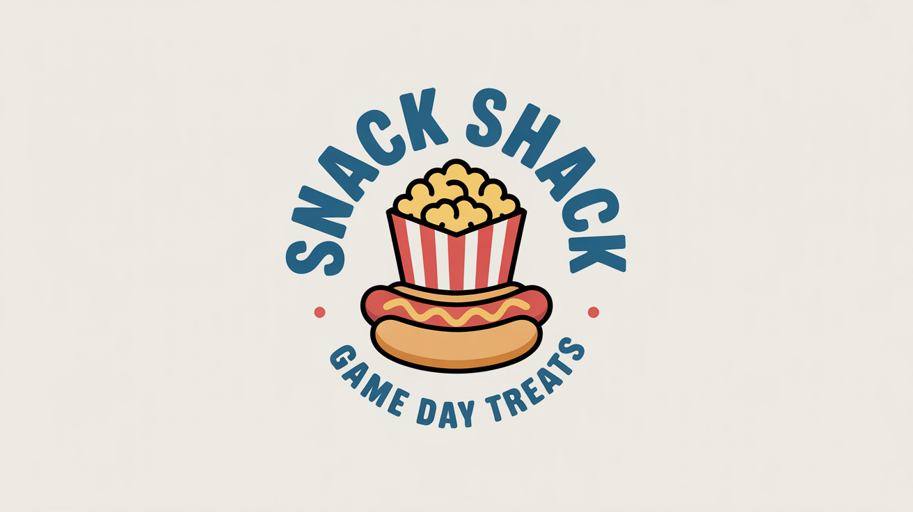 A modern, circular logo for a concession stand named 'Snack Shack'. The logo features a cartoon popcorn box and a hot dog, set against a clean white background.