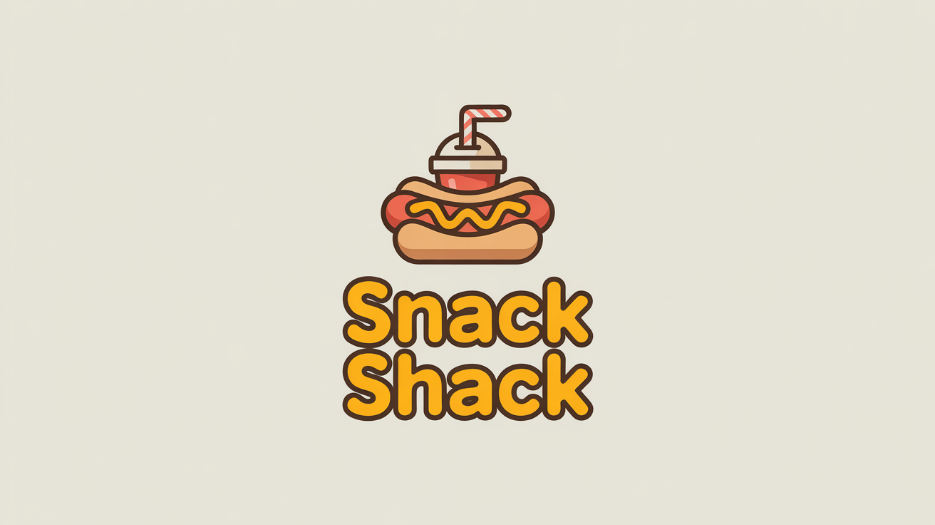 A vibrant logo for a 'Snack Shack', featuring a graphic of a hot dog and a soda cup. The logo is displayed on a clean white background.