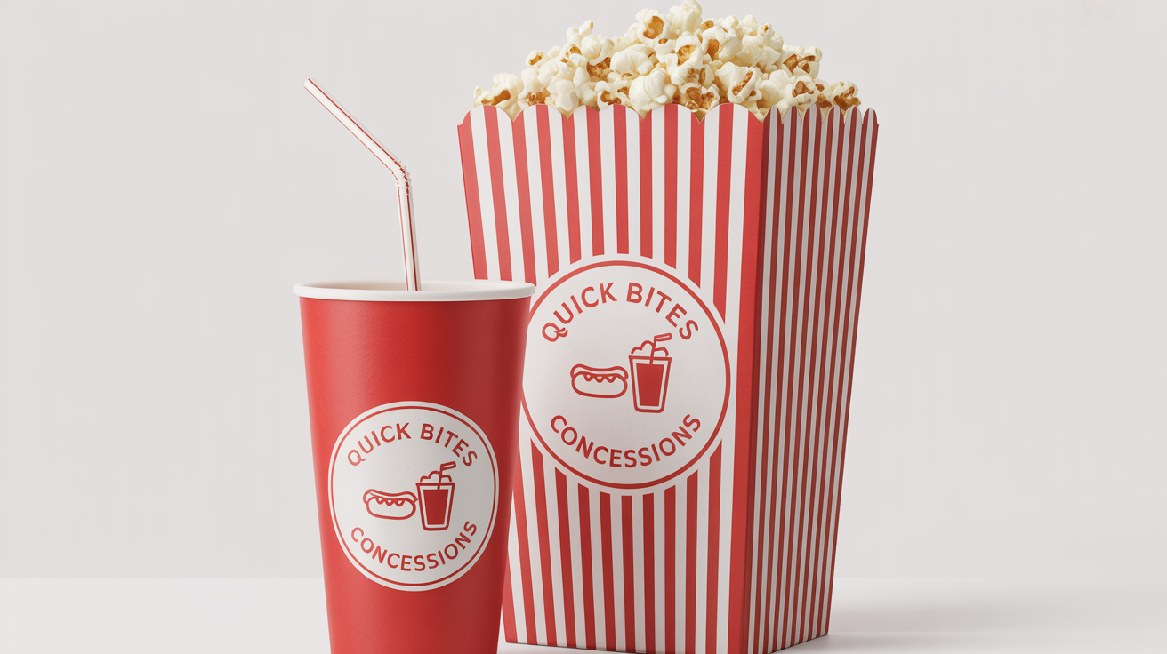 A mockup of a concession stand logo for 'Quick Bites Concessions' displayed on a popcorn box and a soda cup against a white background.
