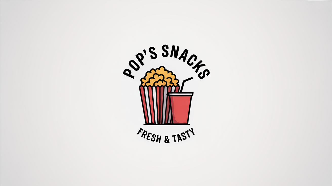 A modern, circular logo for a concession stand named 'Pop's Snacks'. The logo features a vector illustration of a popcorn box and a soda cup on a white background.