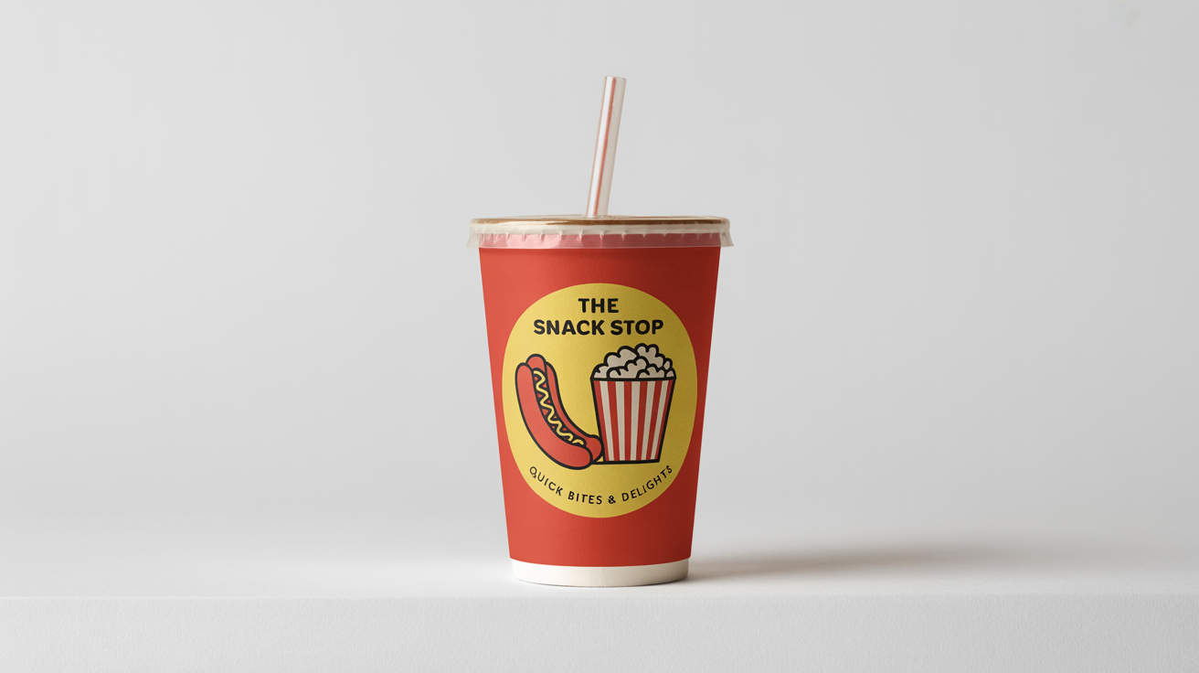 A mockup of a concession stand logo for 'The Snack Stop' on a white paper soda cup, featuring illustrations of a hot dog and popcorn.