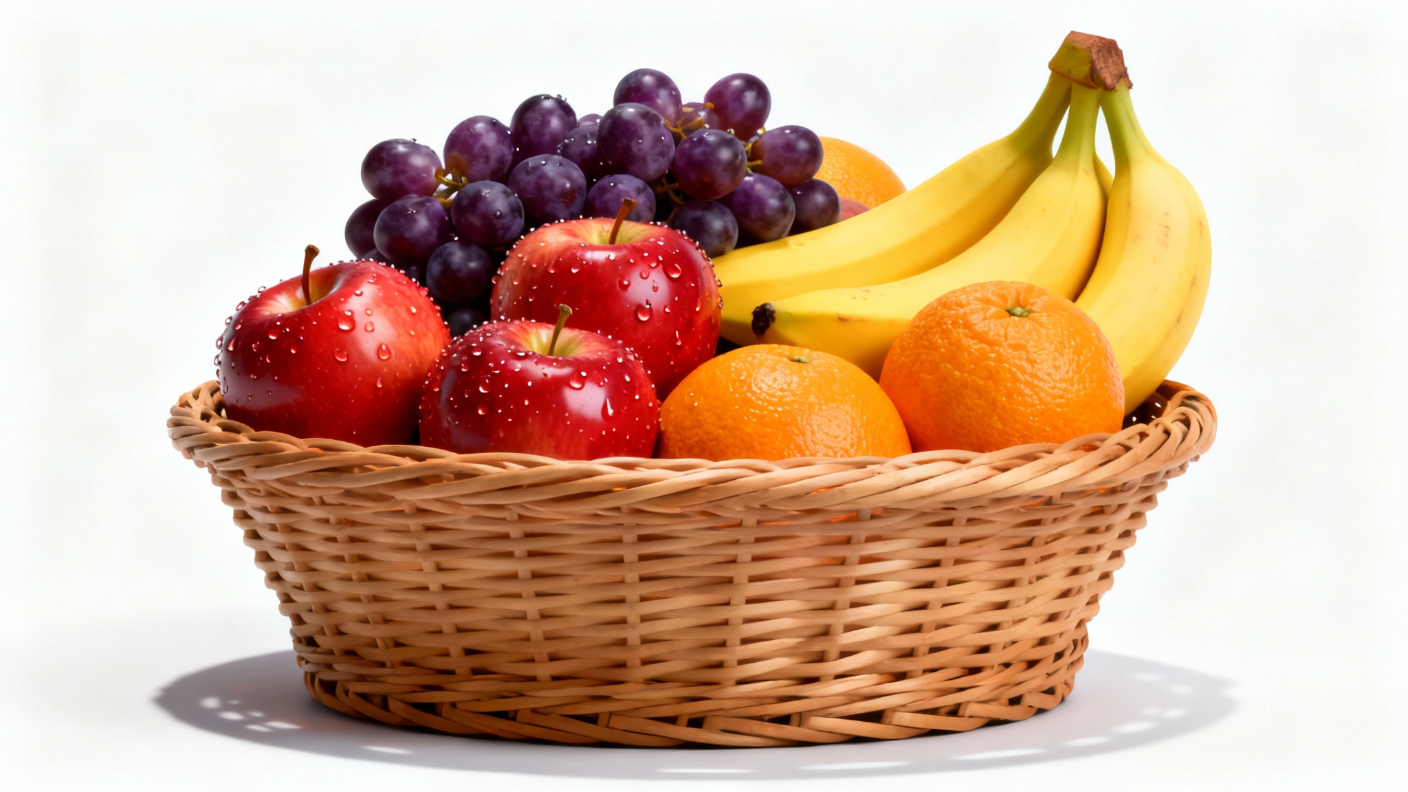 A stunning, photorealistic hero image of a wicker fruit basket overflowing with fresh apples, grapes, and bananas, perfectly isolated on a white background to represent a high-quality transparent PNG file.